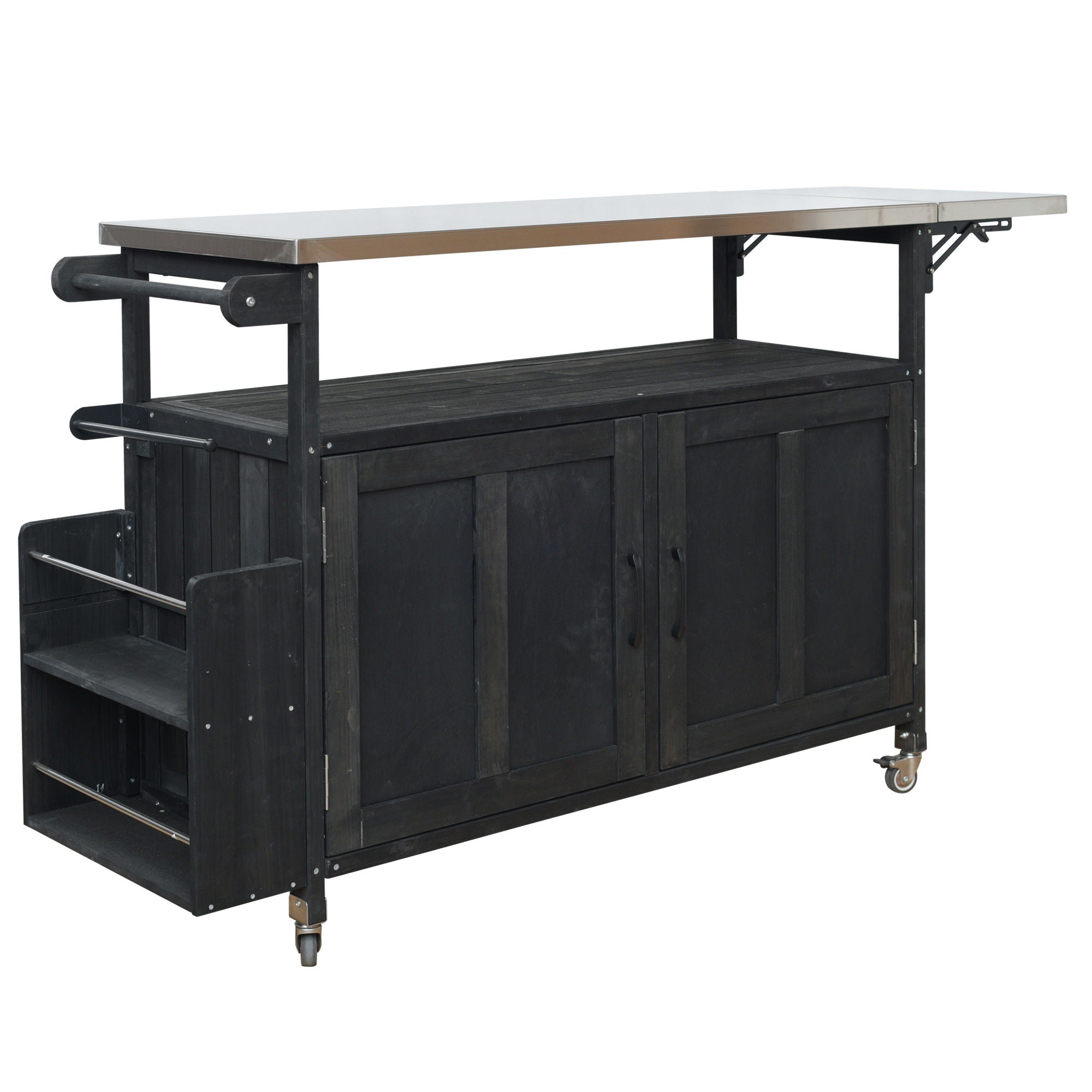 Foldable Outdoor Kitchen Island With Lockable Wheels, Storage Cabinet And Towel Rack For Patio