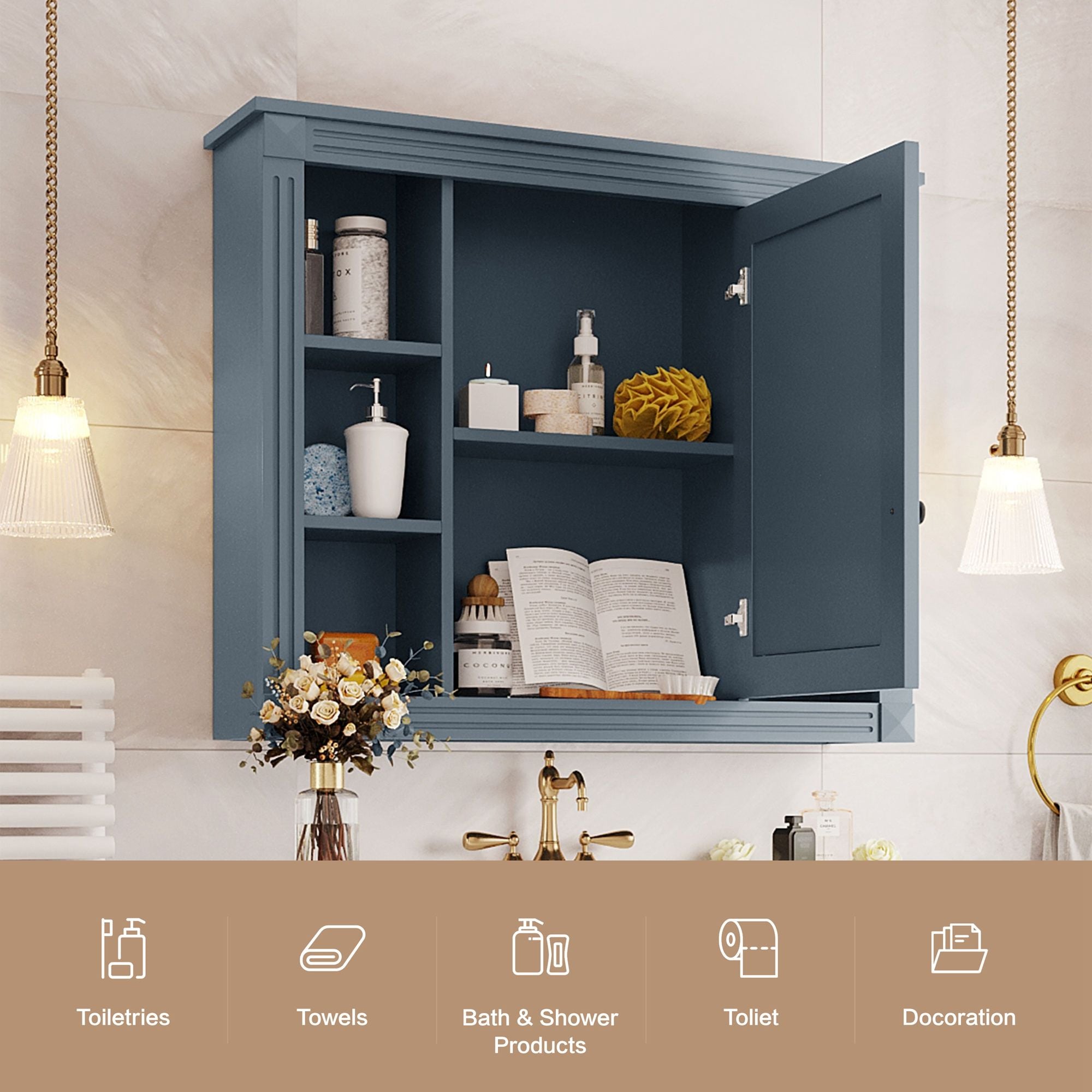 Wall Mounted Bathroom Storage Cabinet With Mirror, Cabinet With 6 Open Shelves And Adjustable Interior