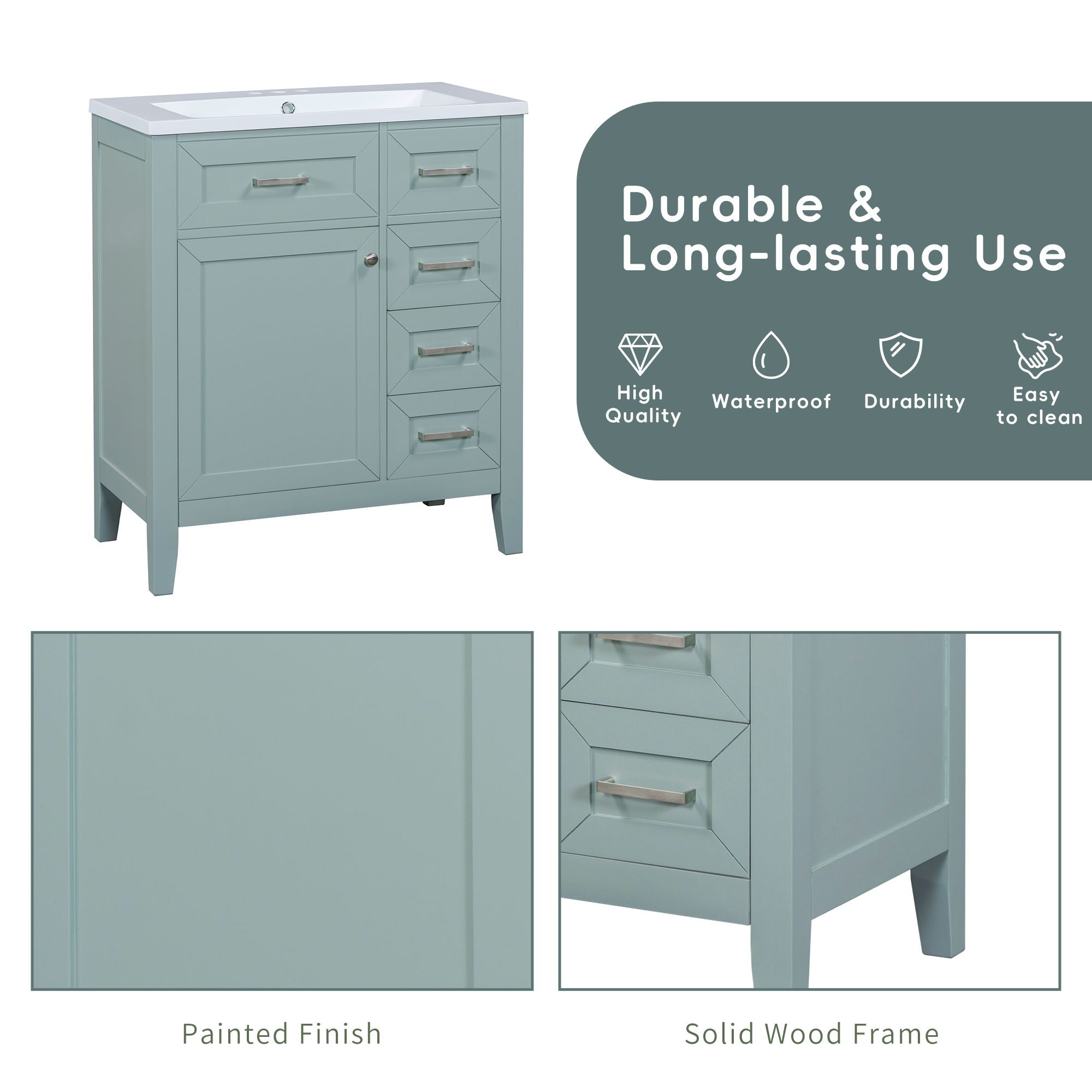 30" Bathroom Vanity Without Sink, Cabinet Base Only, Bathroom Cabinet With Drawers - Green