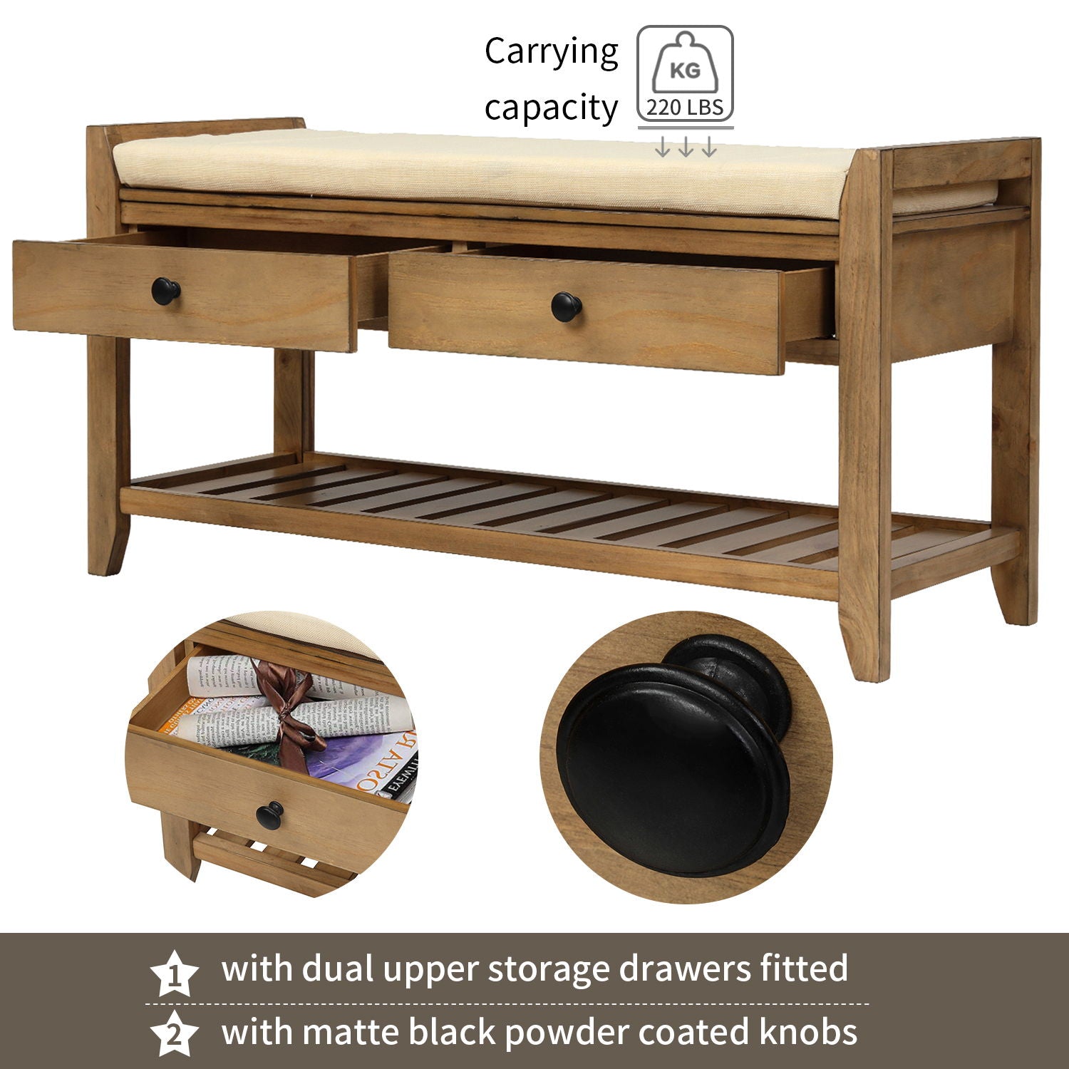 Multipurpose Entryway Shoe Rack With Cushioned Seat And Drawers