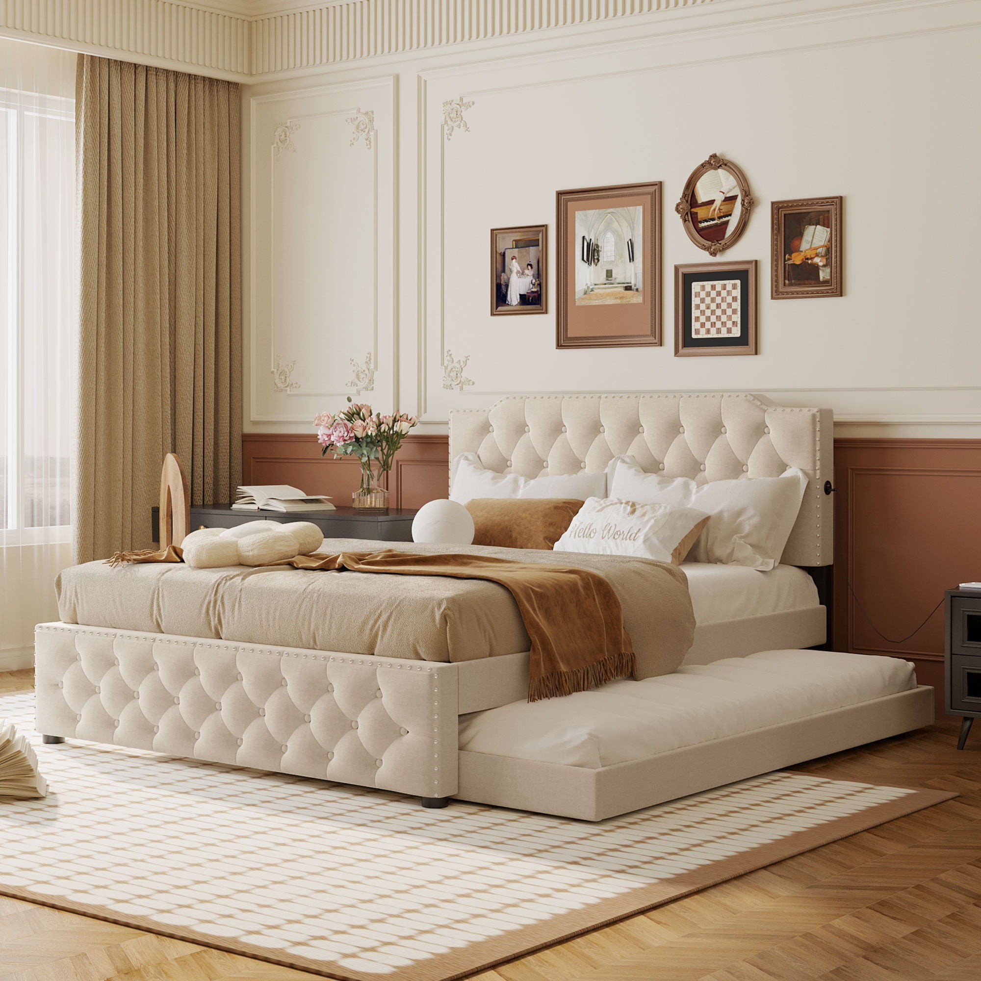 Upholstered Platform Bed With Trundle And 2 Sets Of USB Ports On Each Side, Fabric