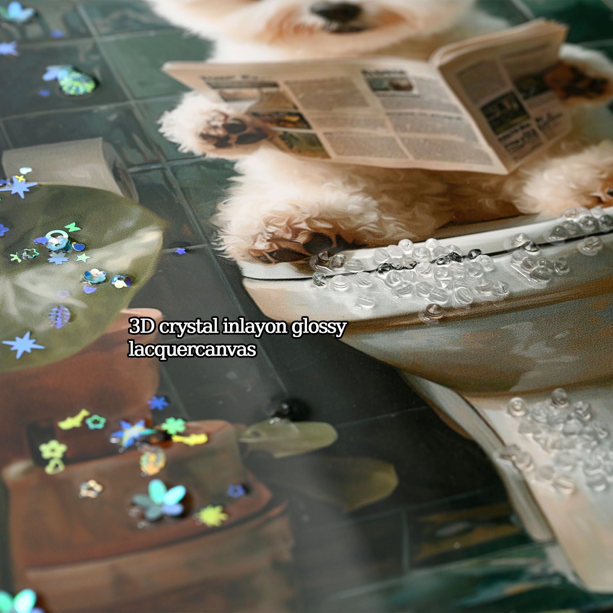 Framed Bathroom Decor, Cute Puppy Wall Art In Picture Frame, 3D Canvas Print - Indigo / White