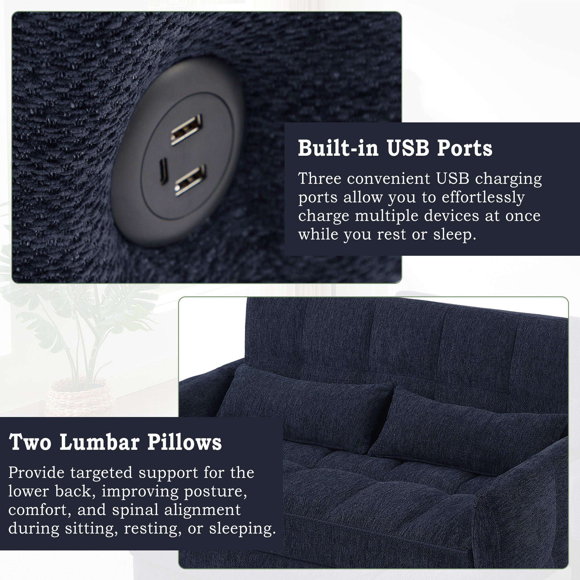 Loveseat Sofa Pull-Out Bed With Adjustable Backrest, 3 USB Ports And 2 Lumbar Pillows For Living Room