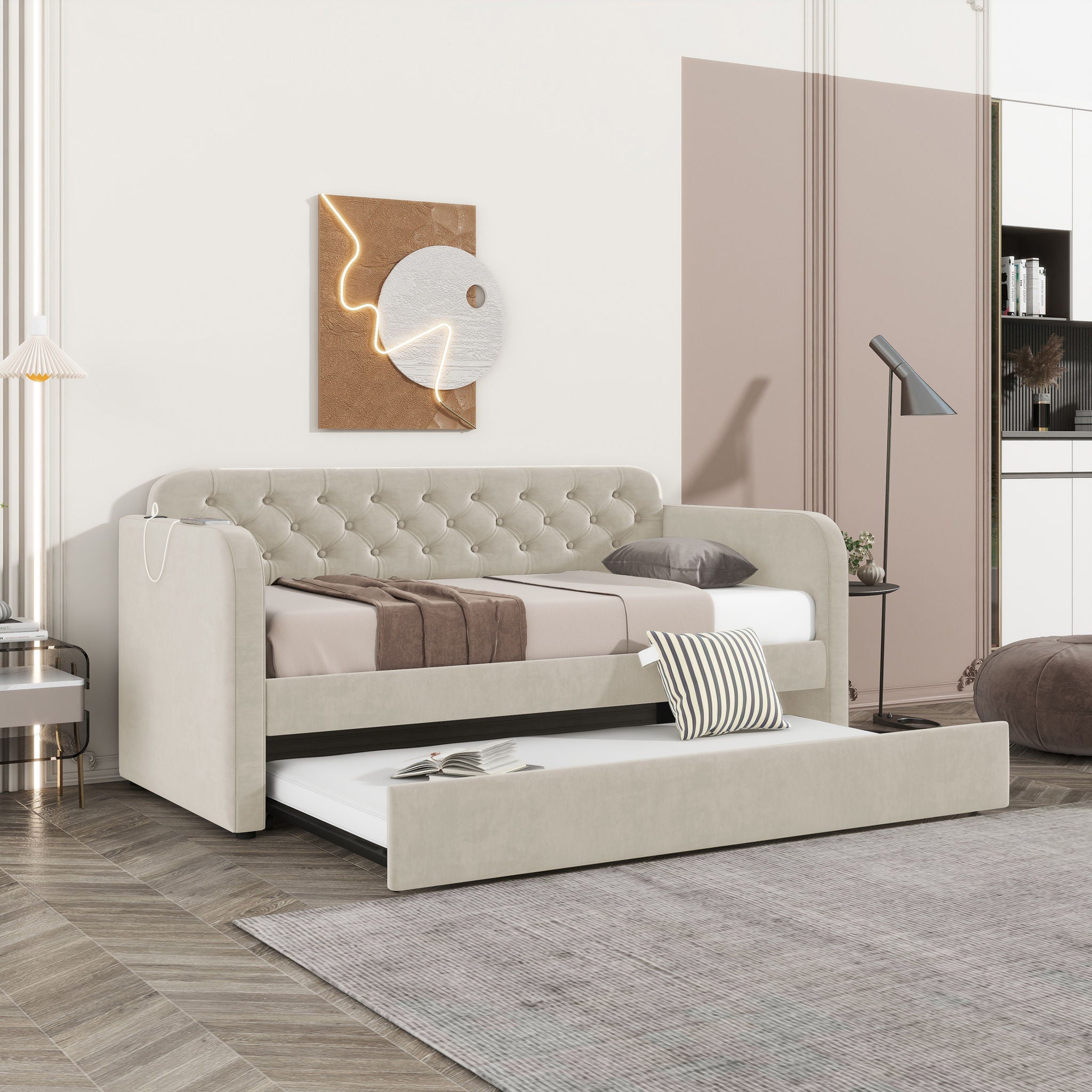 Upholstered Daybed With Trundle And USB Charging Design