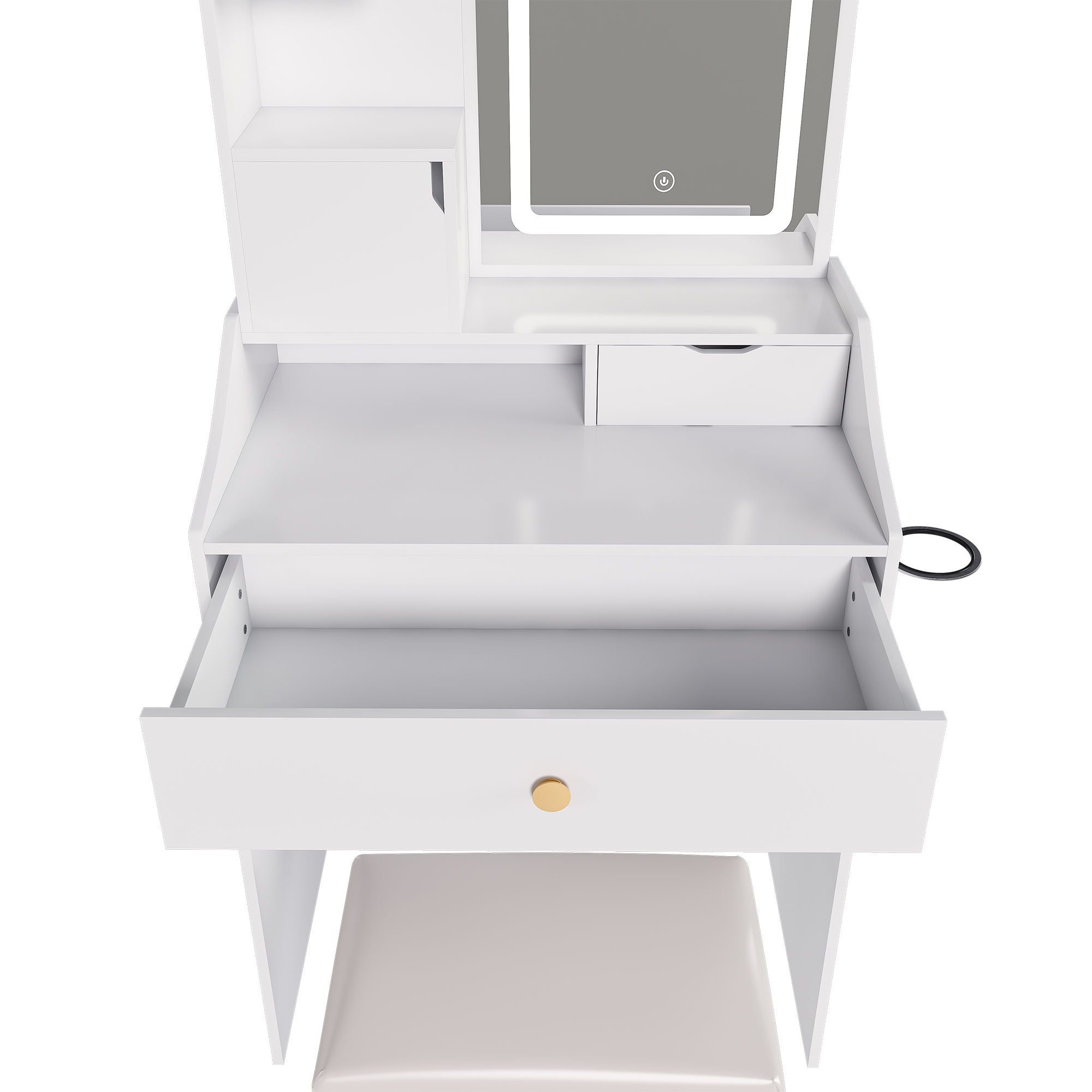 3 Color LED Vanity Mirror With Stool, Dressing Table For Bedroom, 2 Drawers & 5 Storage Cabinets (4 Open + 1 Hidden), Adjustable Lighting - White