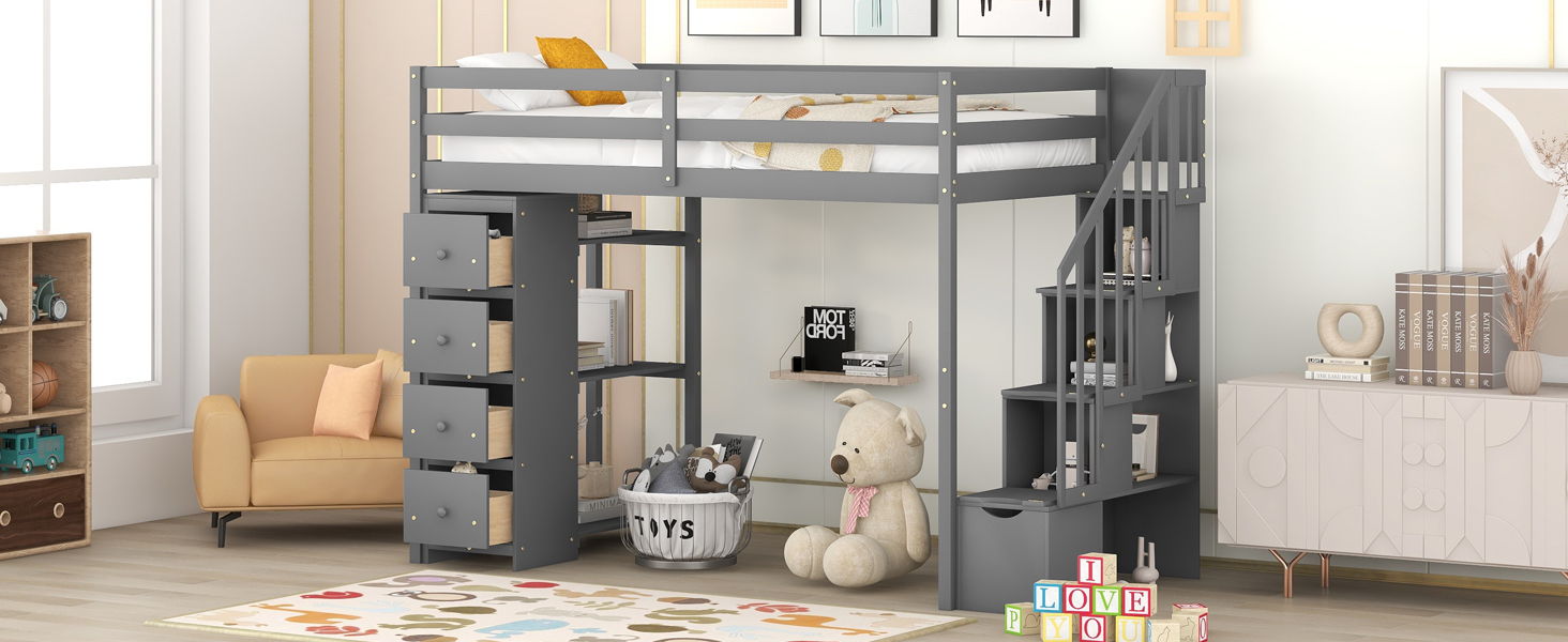 Loft Bed With Storage Drawers And Stairs With Shelves