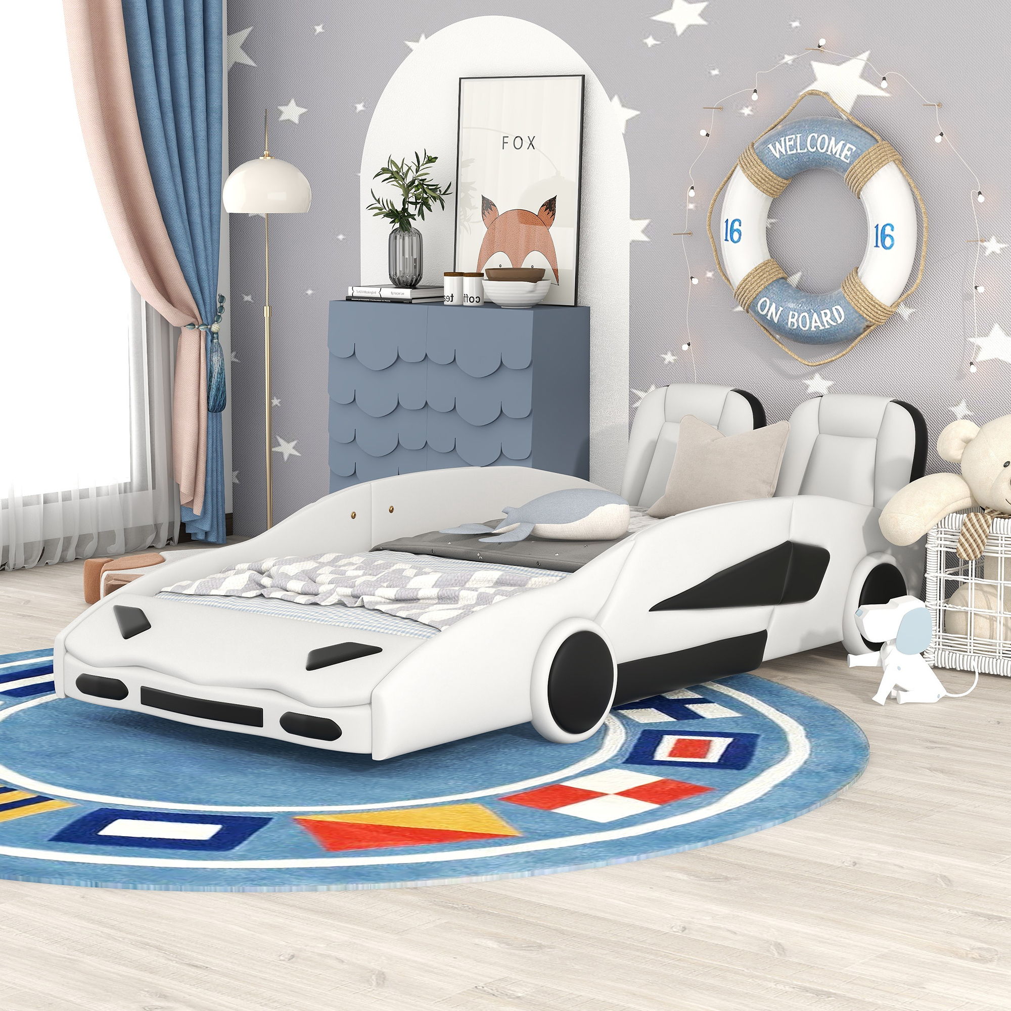Race Car Shaped Twin Platform Bed With Wheels, Pine Wood Construction