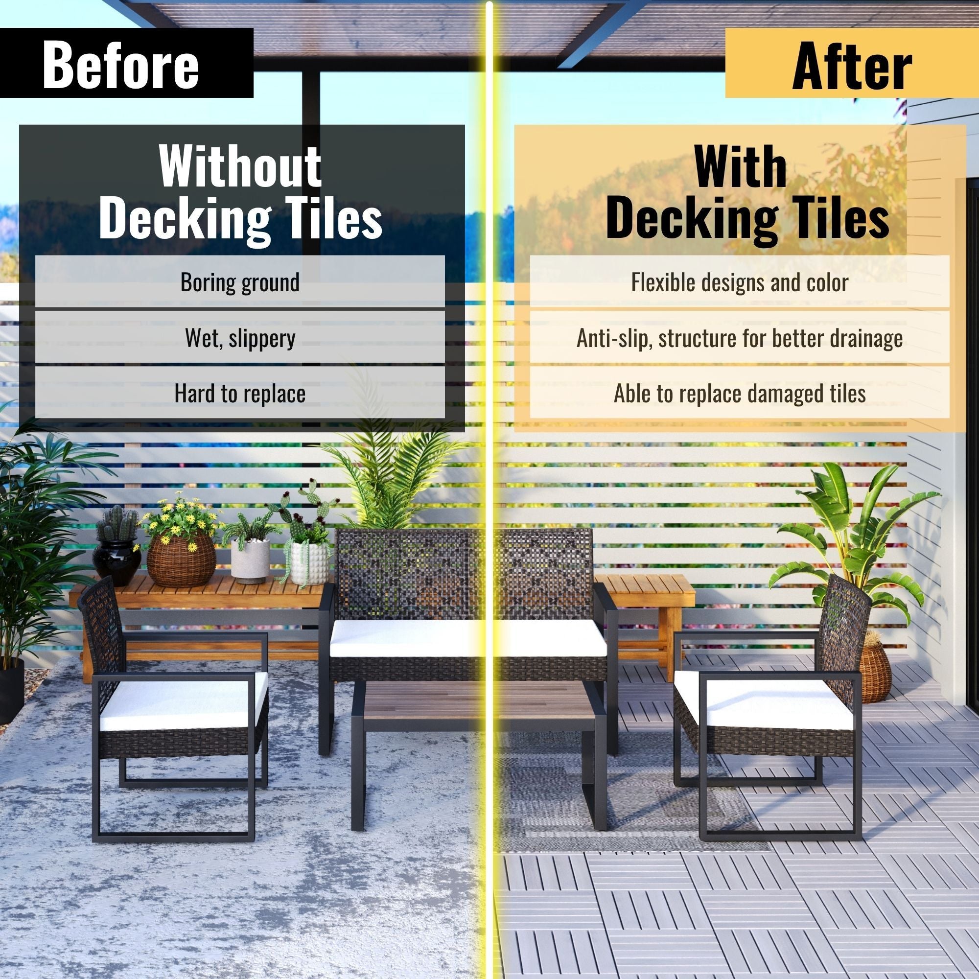 Interlocking Deck Tiles Striped Pattern, Waterproof Anti Mildew Brown