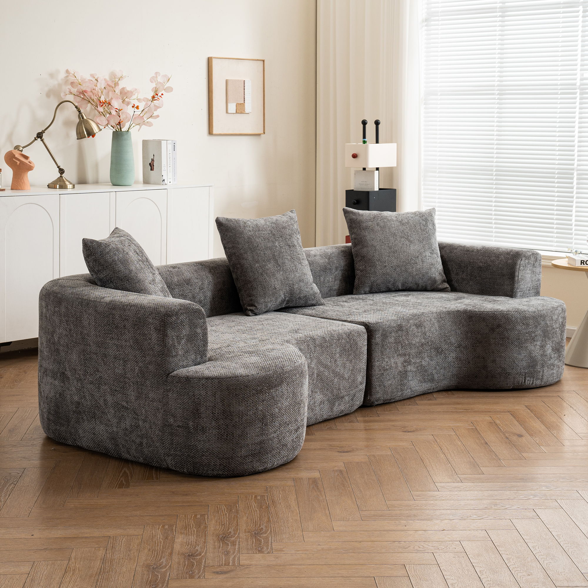 Modern Style Ultra Smooth Curved Sofa With 3 Pillows