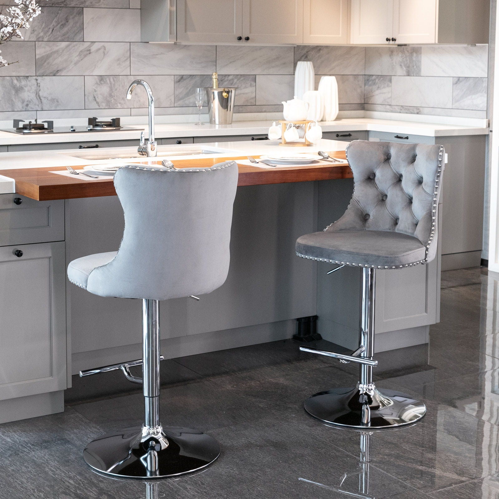 Swivel Barstools Adjusatble Seat Height From 25-33", Modern Upholstered Base Bar Stools With Backs Comfortable Tufted For Home Pub And Kitchen Island (Set of 2)