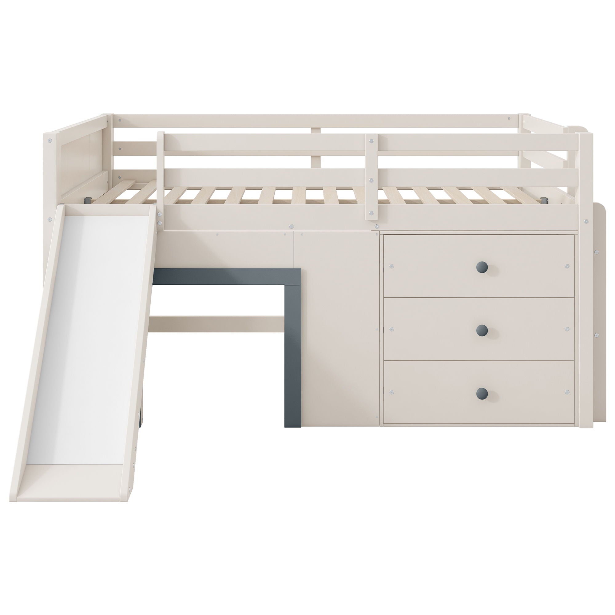 Modern Low Loft Bed With Slide, 3 Storage Drawers, And 2 Doors