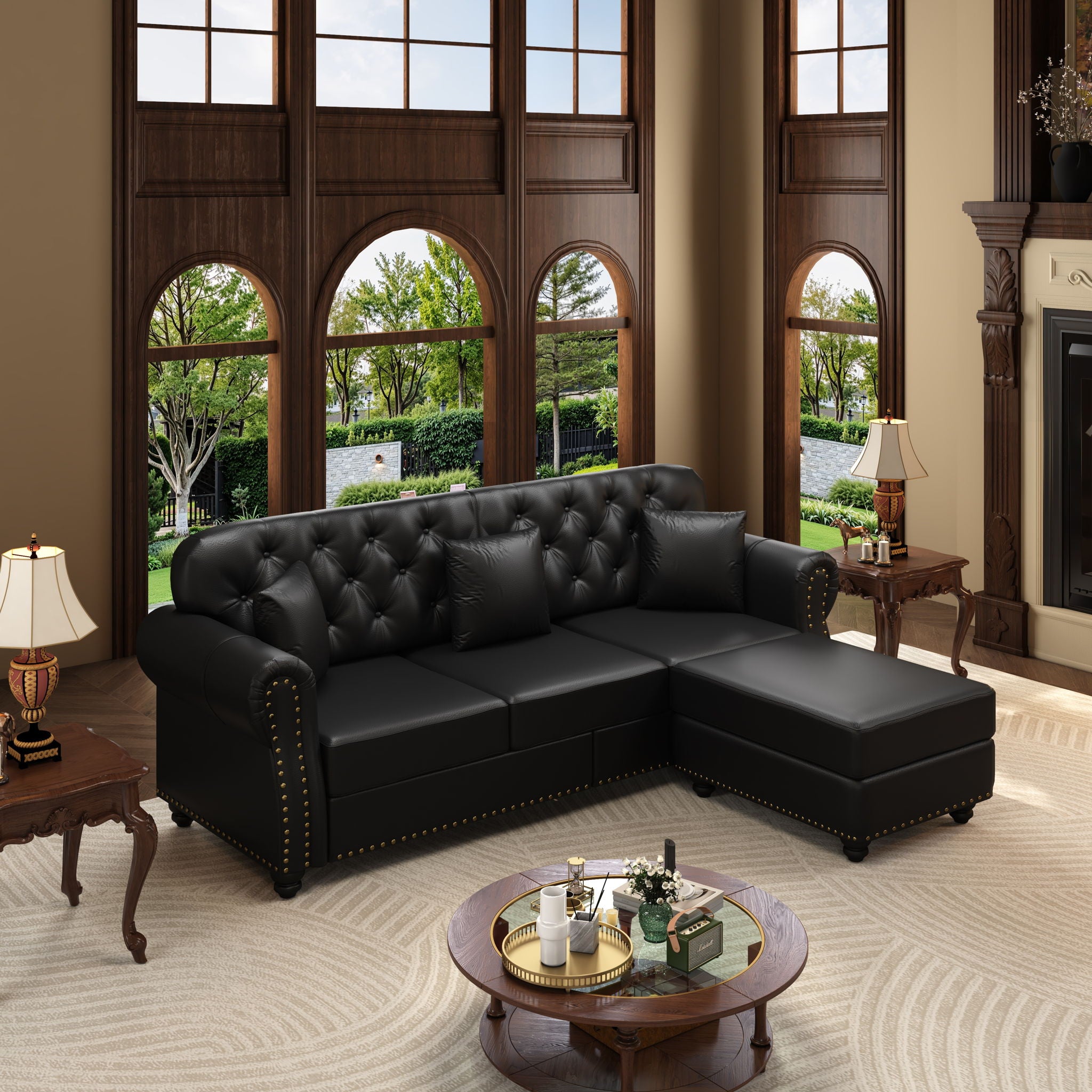Upholstered Sofa With Nailhead Trim, Rolled Armrests With Ottoman