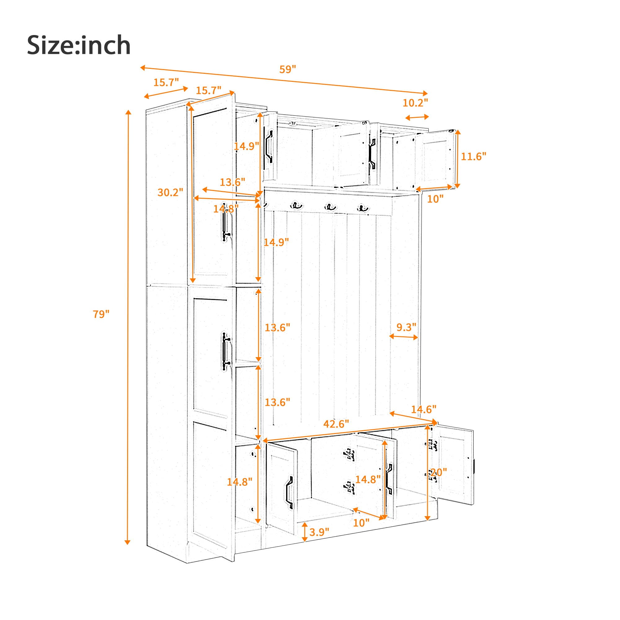 Tall Hall Tree With Shoe Storage, 4 In 1 Entryway Bench With 6 Cabinets, 4 Coat Hooks & Adjustable Shelf For Hallway - White