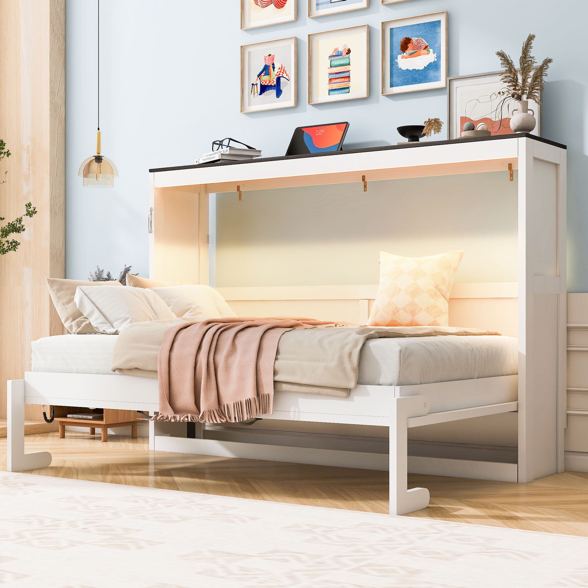 Murphy Bed With LED Light, Foldable Wall Bed Cabinet