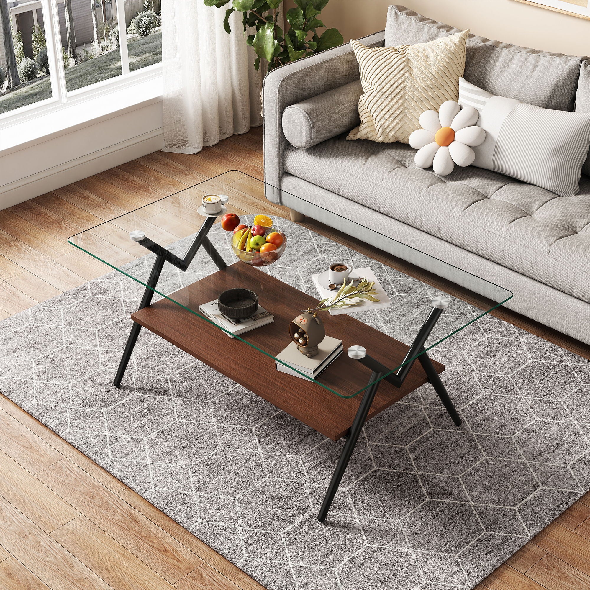 Rectangle Coffee Table With Tempered Glass Top And Shelf