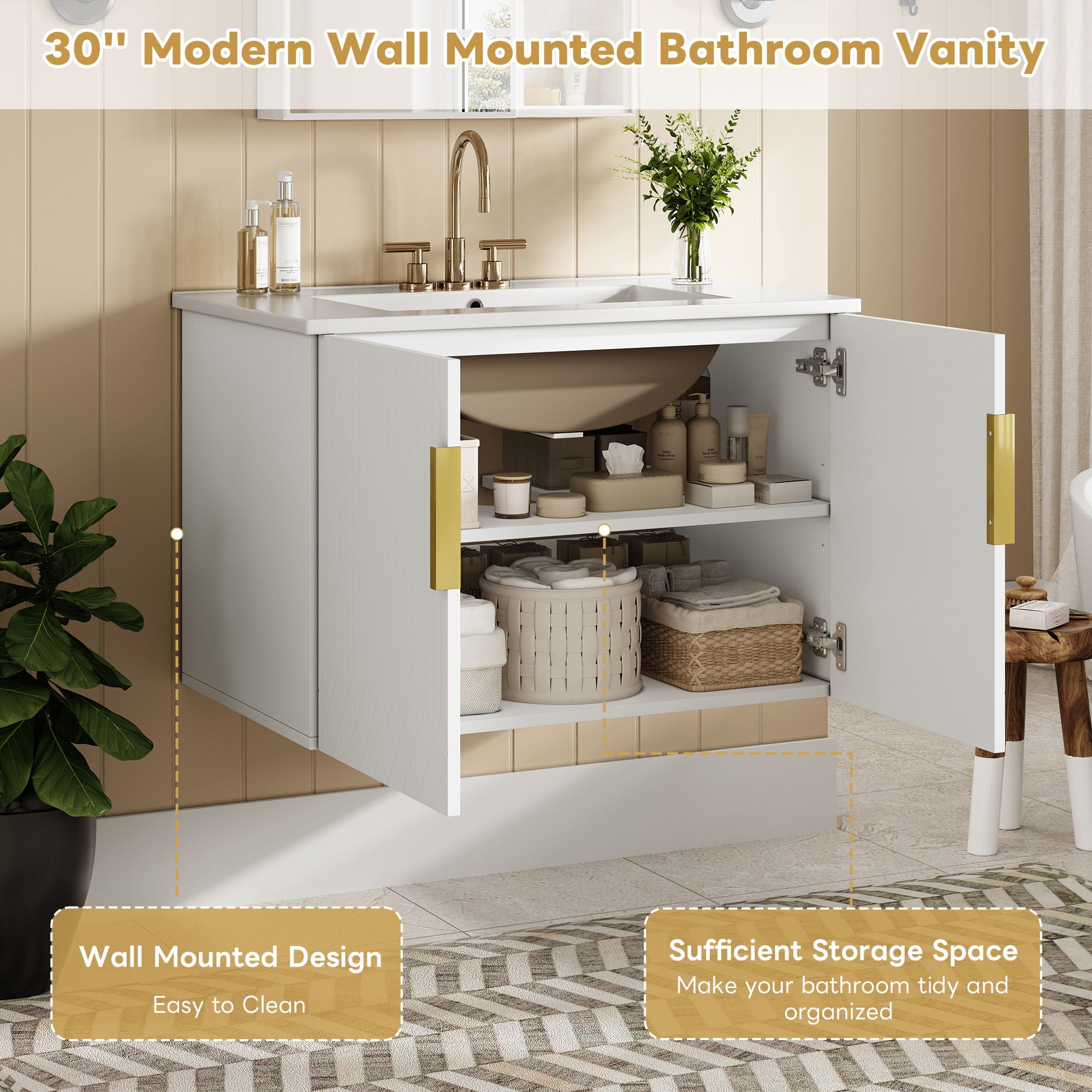 Bathroom Vanity With Sink, Rectangular Storage Cabinet With 2 Soft Closing Doors
