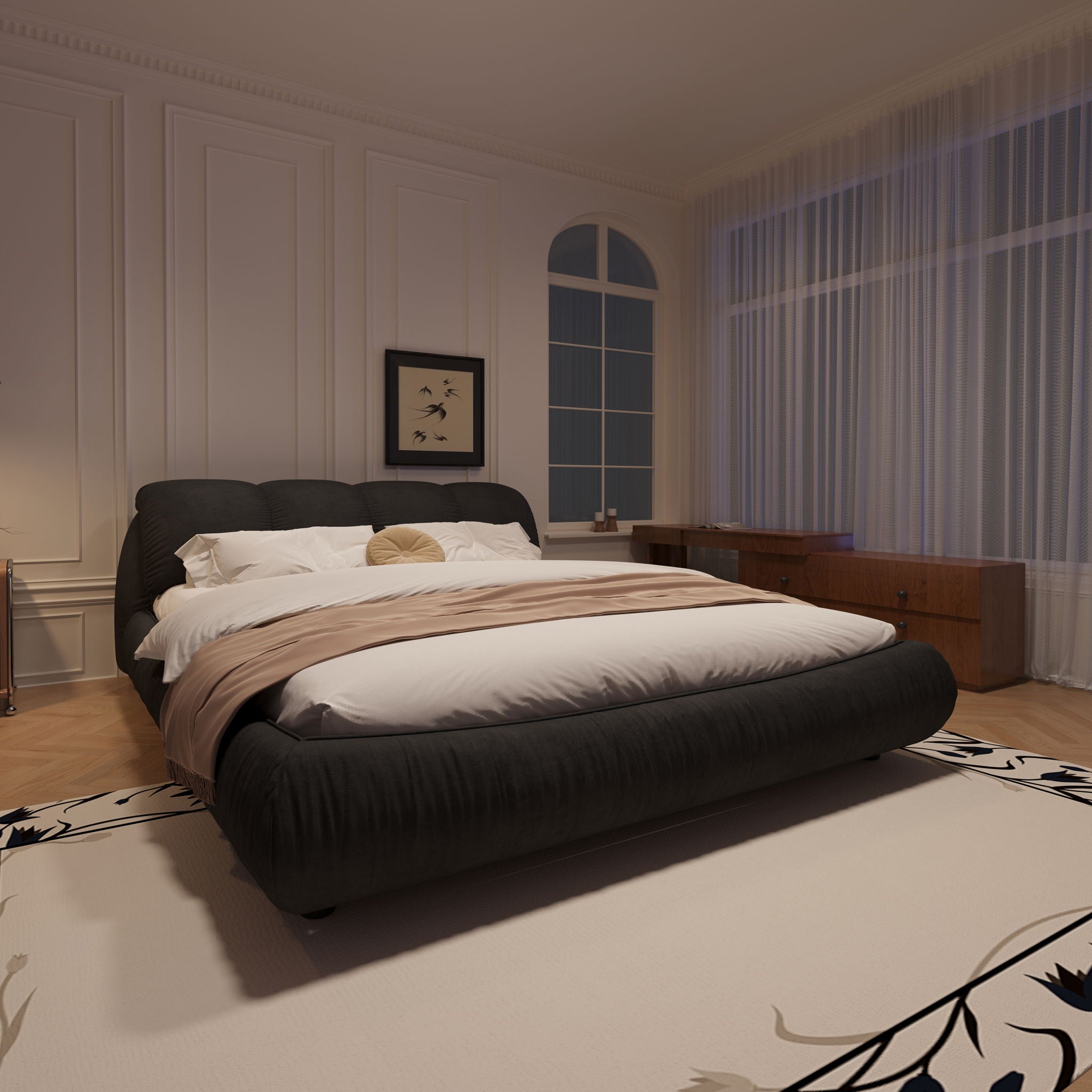 Luxury Upholstered Platform Bed With Oversized Padded Backrest And Solid Wood Frame
