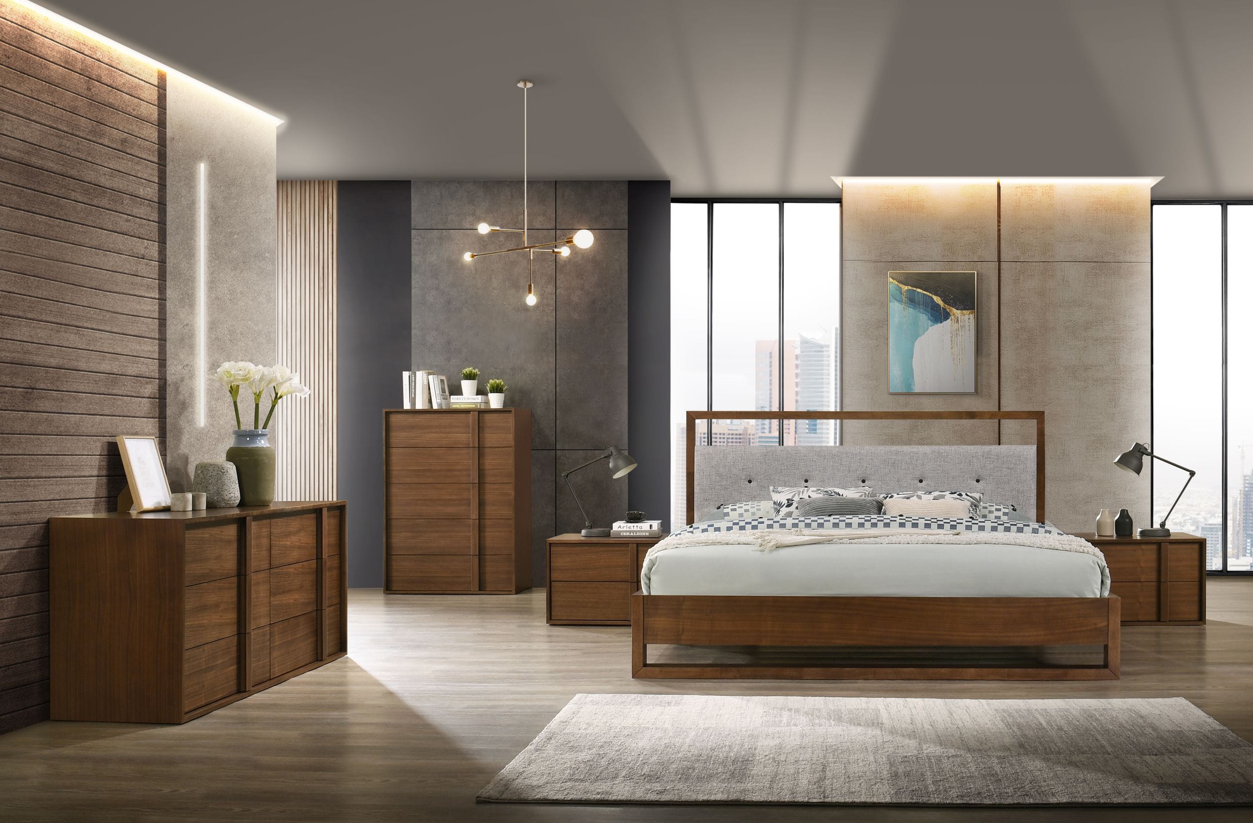 California King Nova Domus Falcor - Modern Grey Fabric & Walnut Veneer Bed