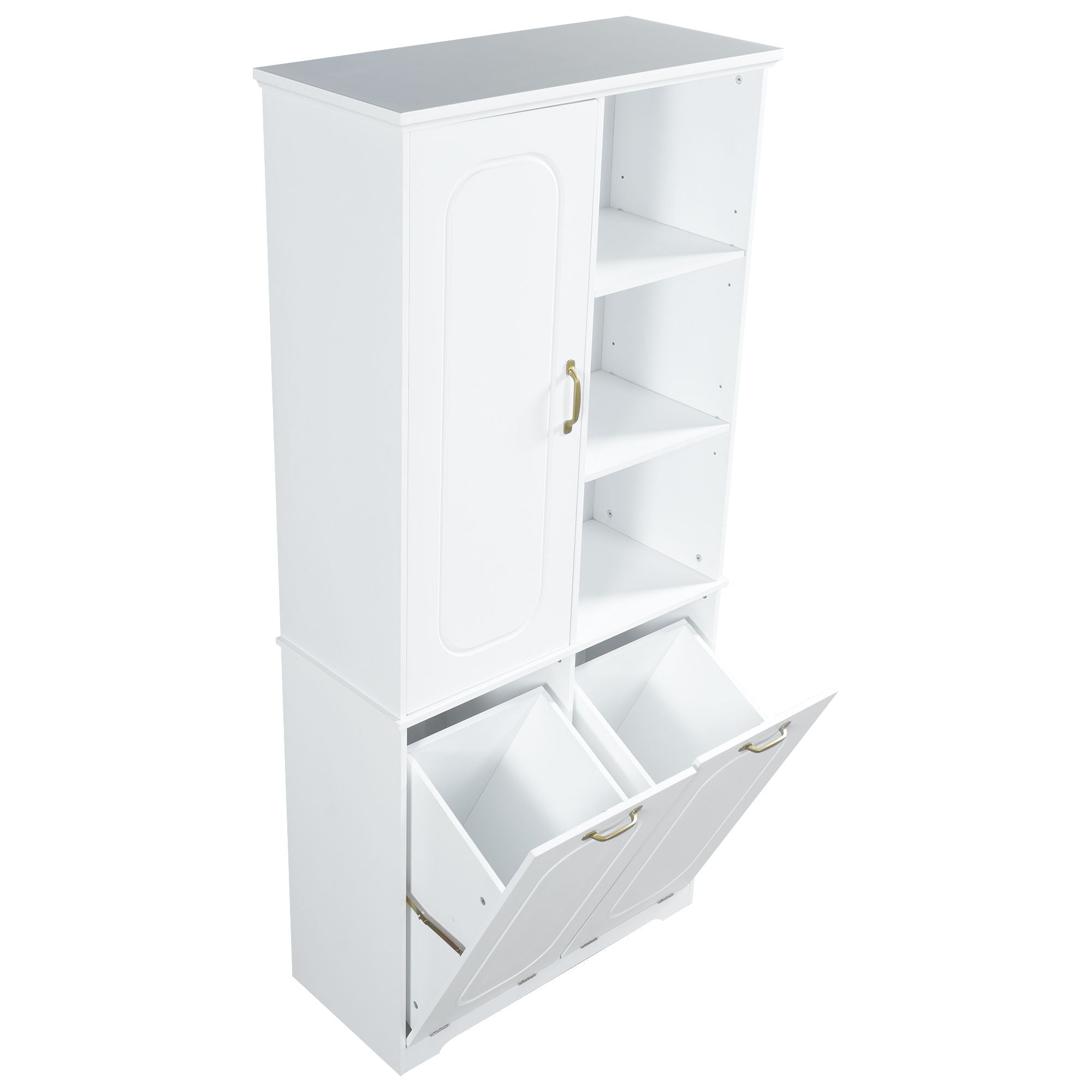 Freestanding Tall Storage Cabinet With 2 Tilt Out Hampers, Adjustable Shelves, Soft Close Door, Door Mounted Organizer - White