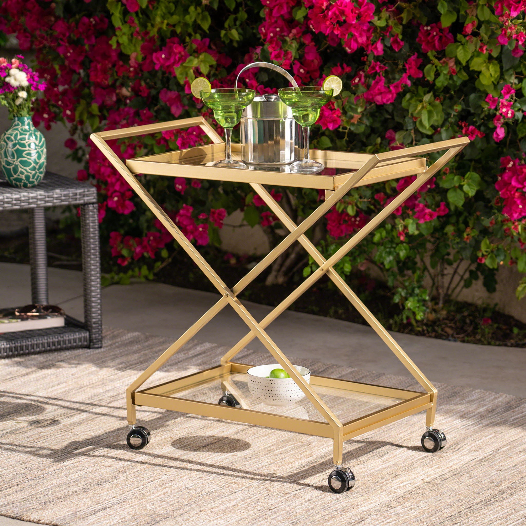 Sherianne - Industrial Bar Cart With Tempered Glass Shelves And Swivel Wheels - Gold
