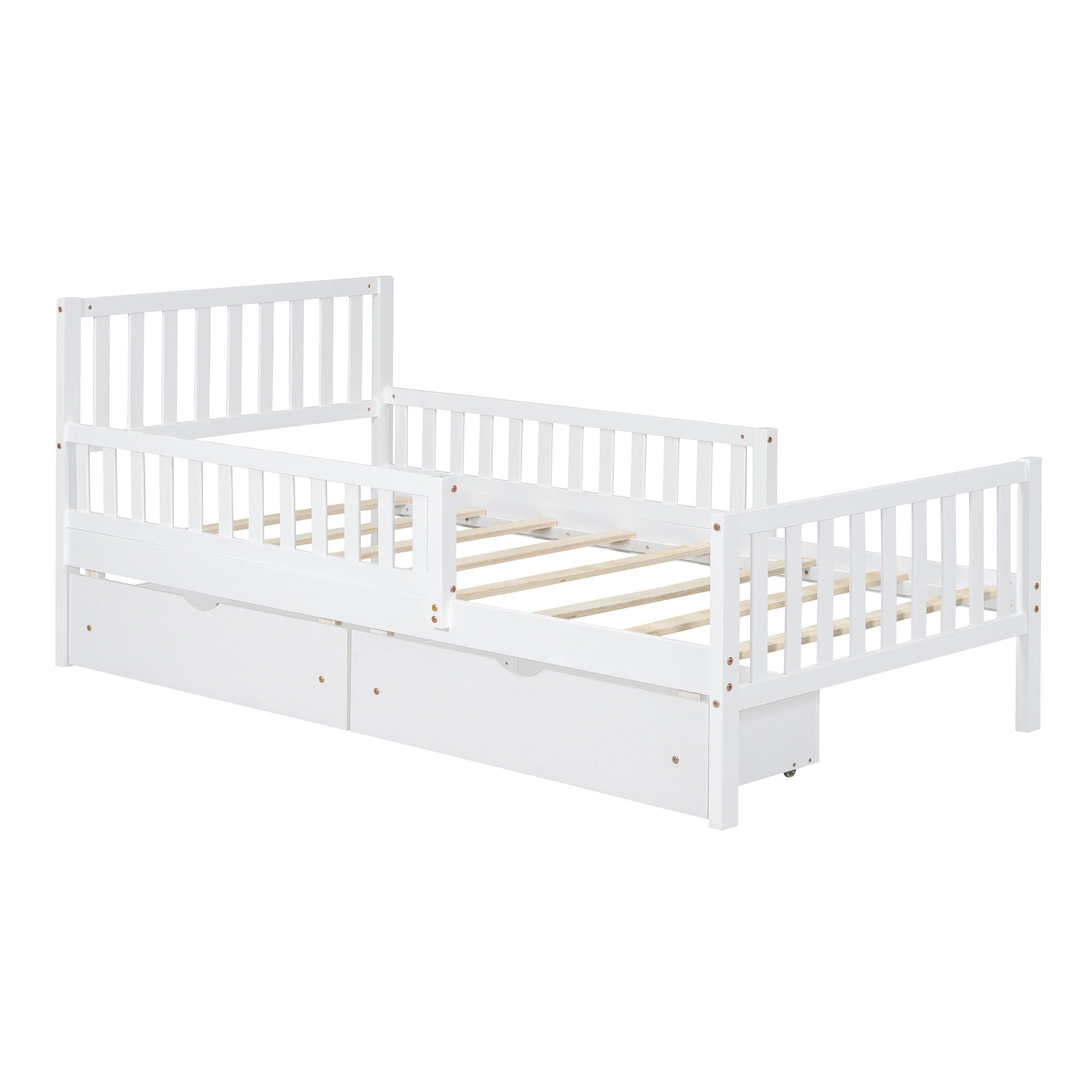 Platform Bed With Guardrails On Both Sides And 2 Storage Drawers