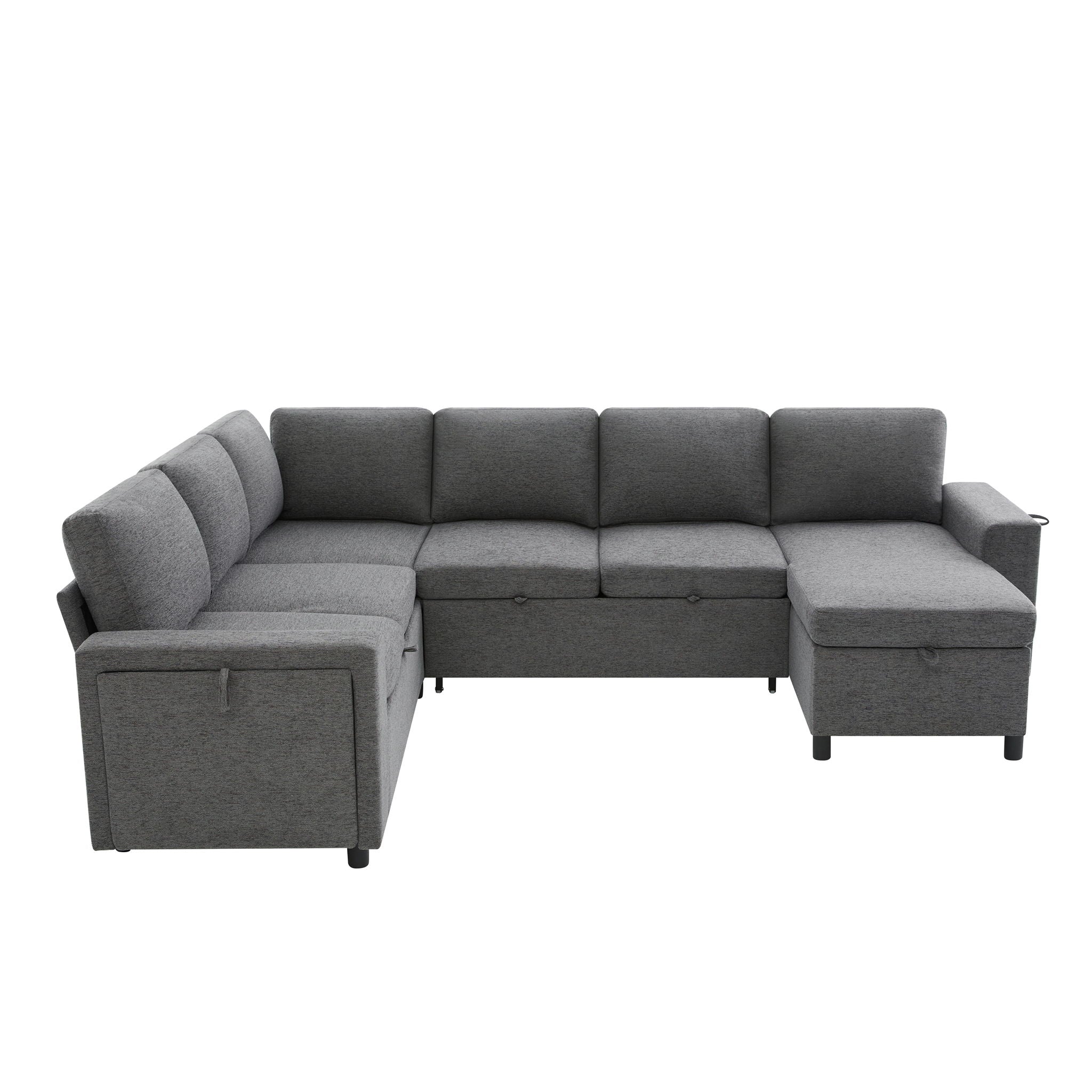 U - Shaped Convertible Sectional Sofa Bed With Storage, USB Charger & Cup Holders