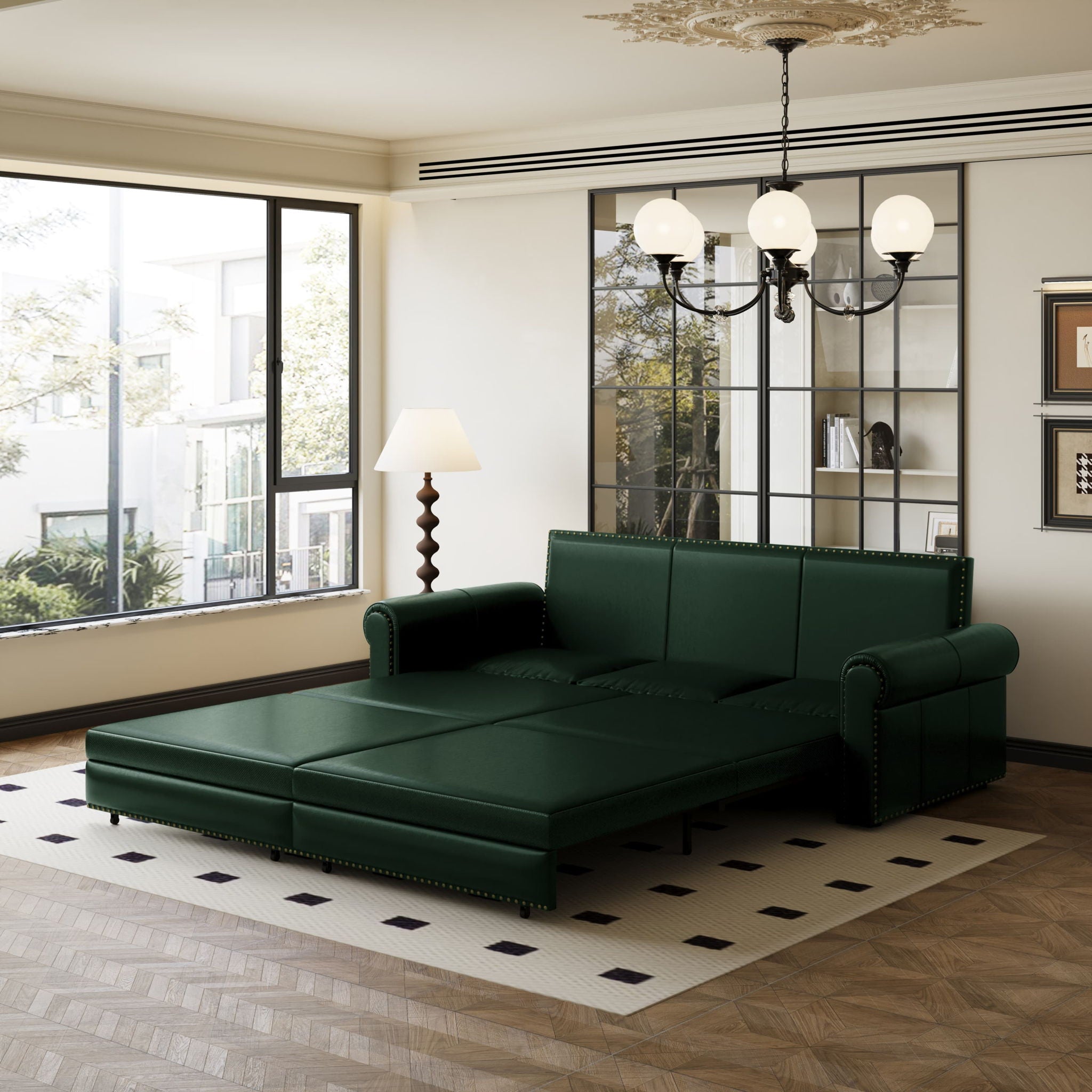 3 In 1 Convertible Sleeper Sofa With Nailhead Trim & Rolled Arm