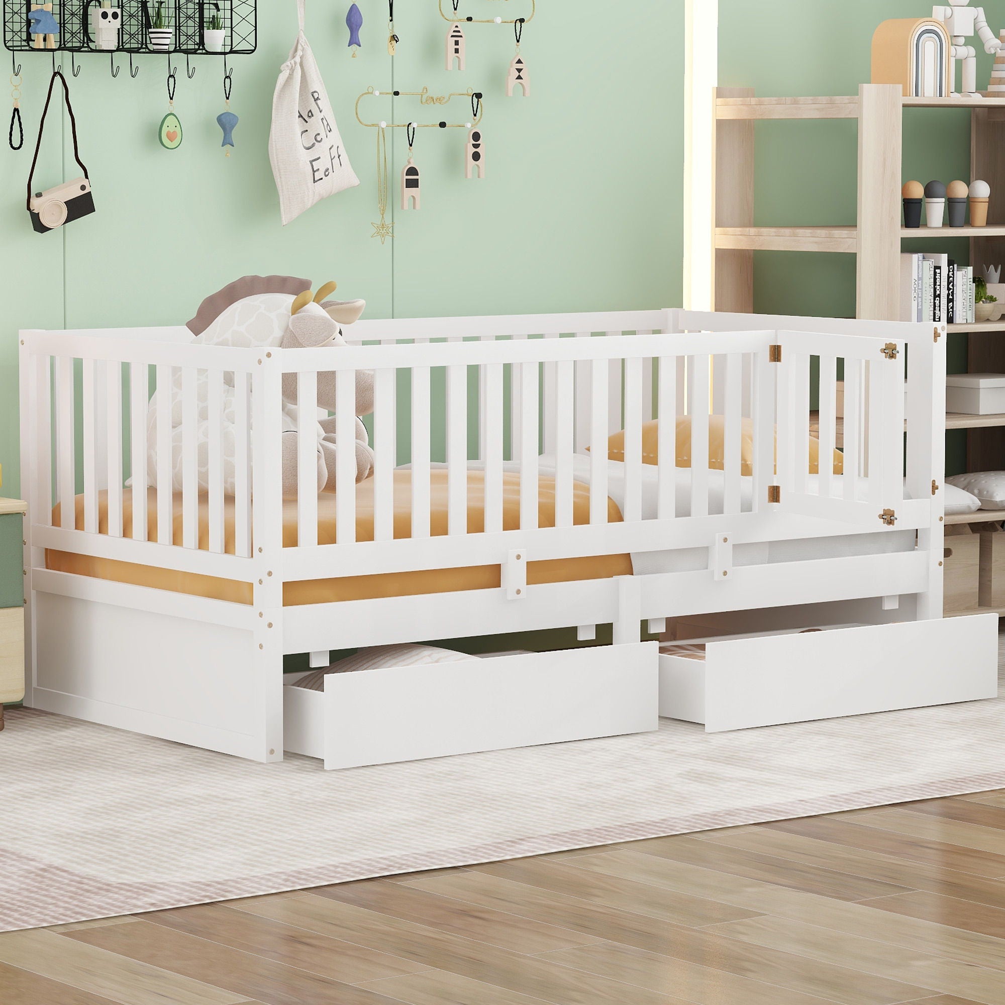 Daybed With Fence Guardrails And 2 Drawers, Split Into Independent Floor Bed & Daybed