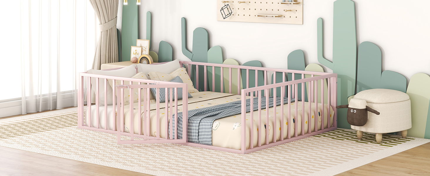 Metal Floor Bed Frame With Fence And Door