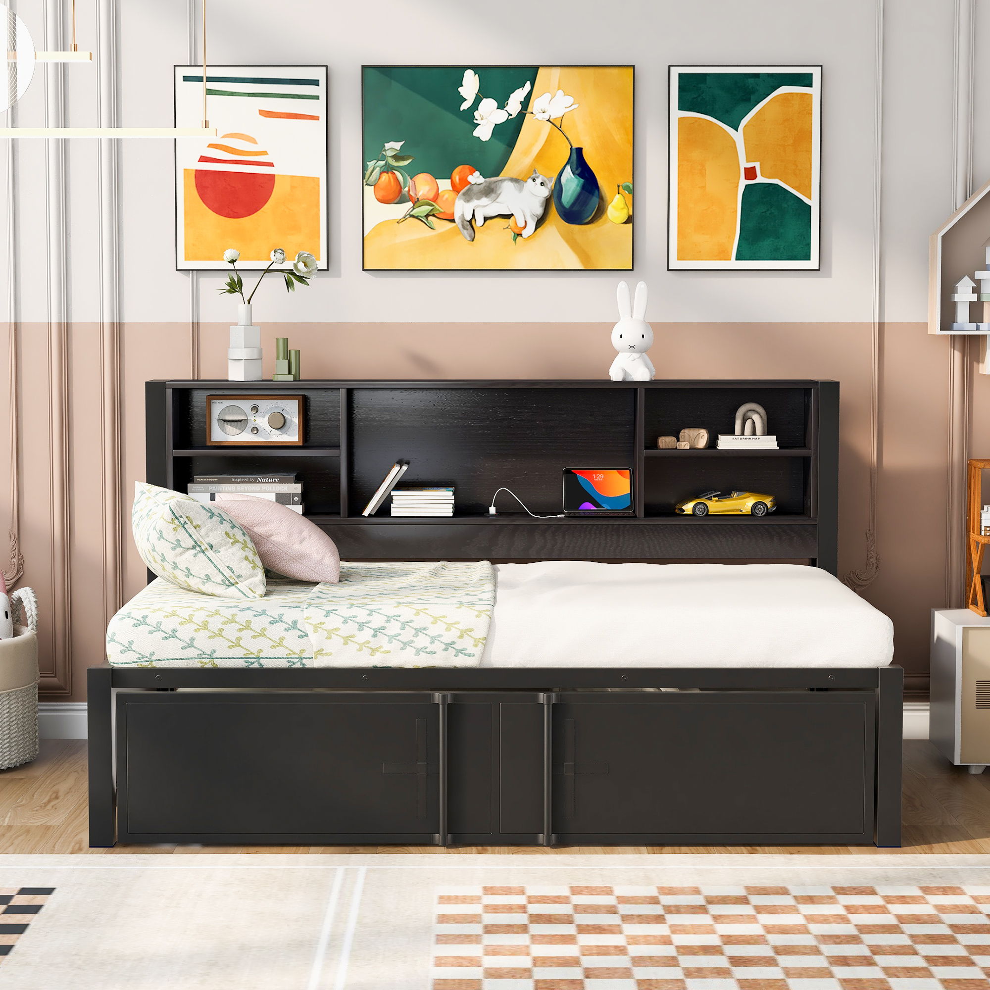 Industrial Metal Daybed With Trundle, Storage Shelves, USB Ports