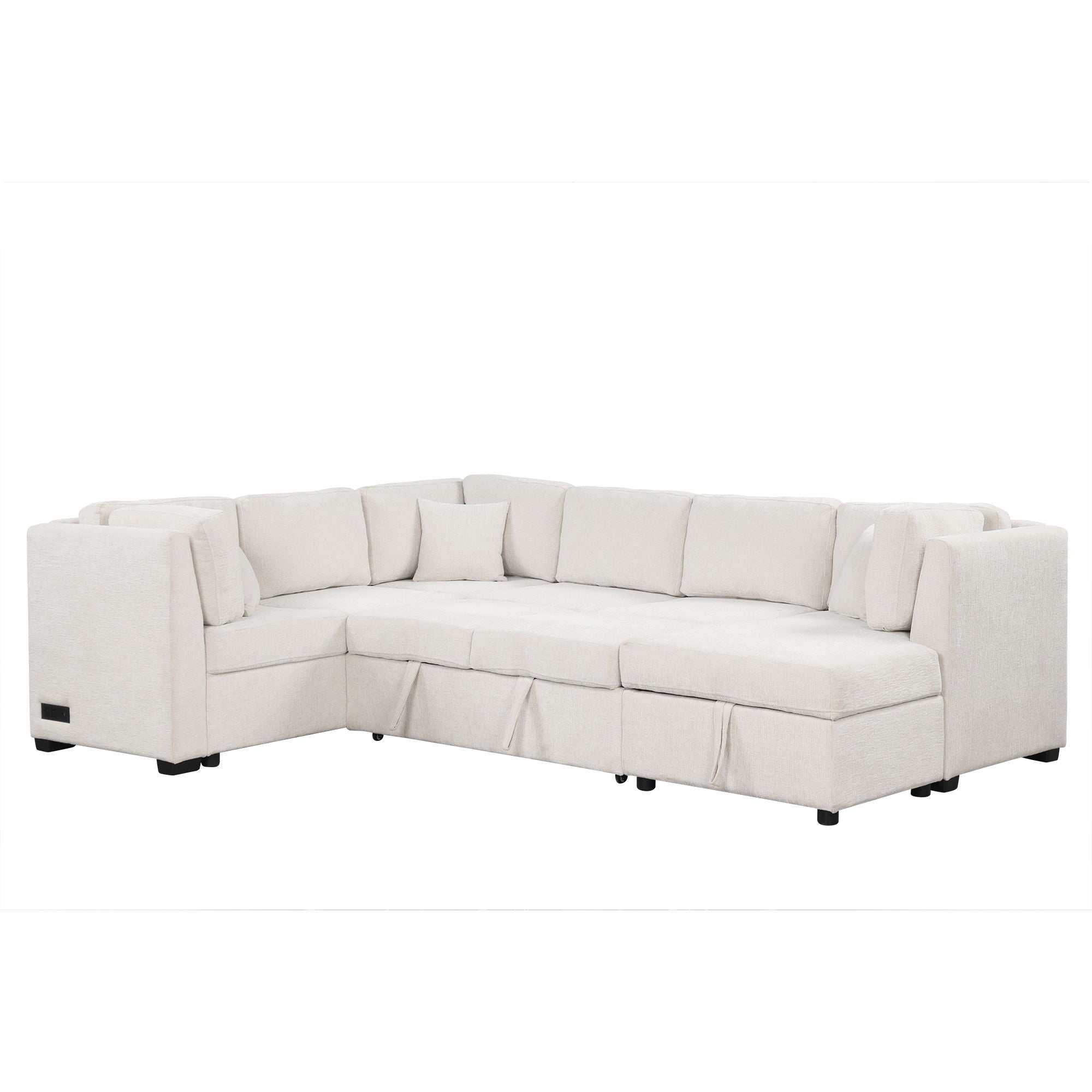 U-Shaped Sectional Sofa Pull Out Sofa Bed With Two USB Ports, Two Power Sockets, Three Back Pillows And A Storage Chaise For Living Room
