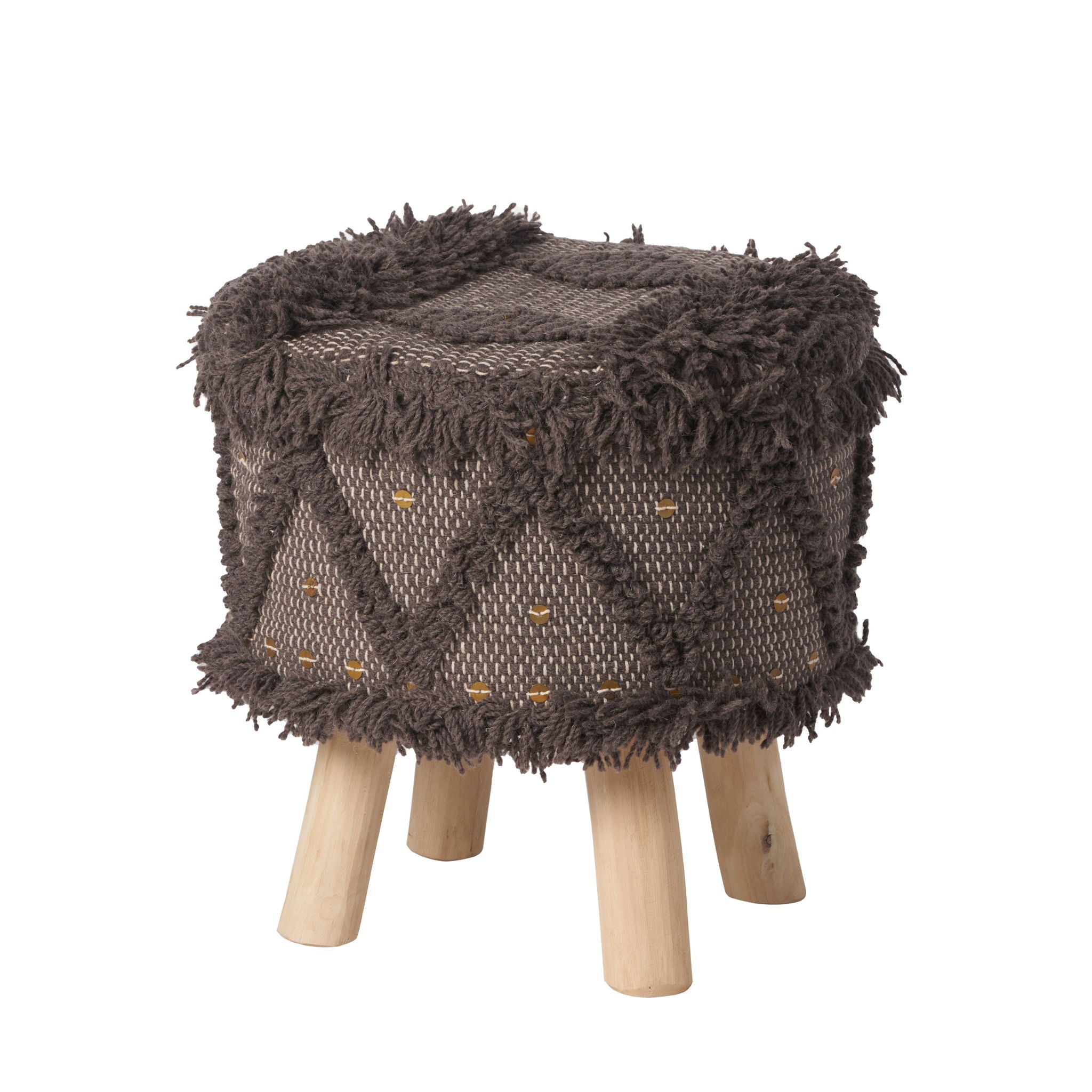 Roja - Handcrafted Wool & Cotton Foot Stool With Eucalyptus Wood Frame - Dark Brown