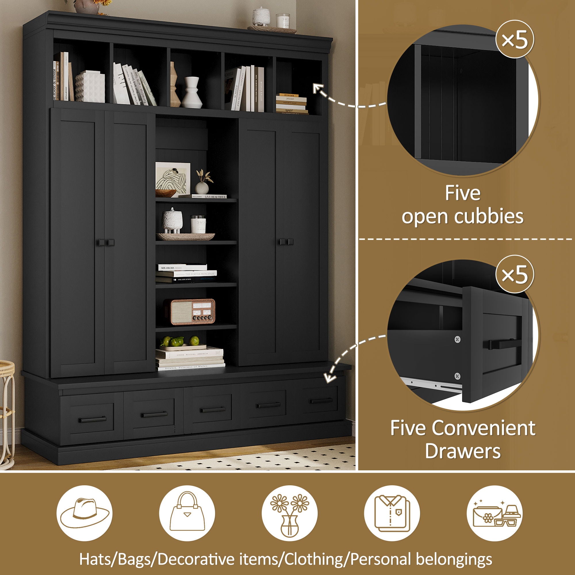 Hall Tree With Bench And 5 Storage Cubbies