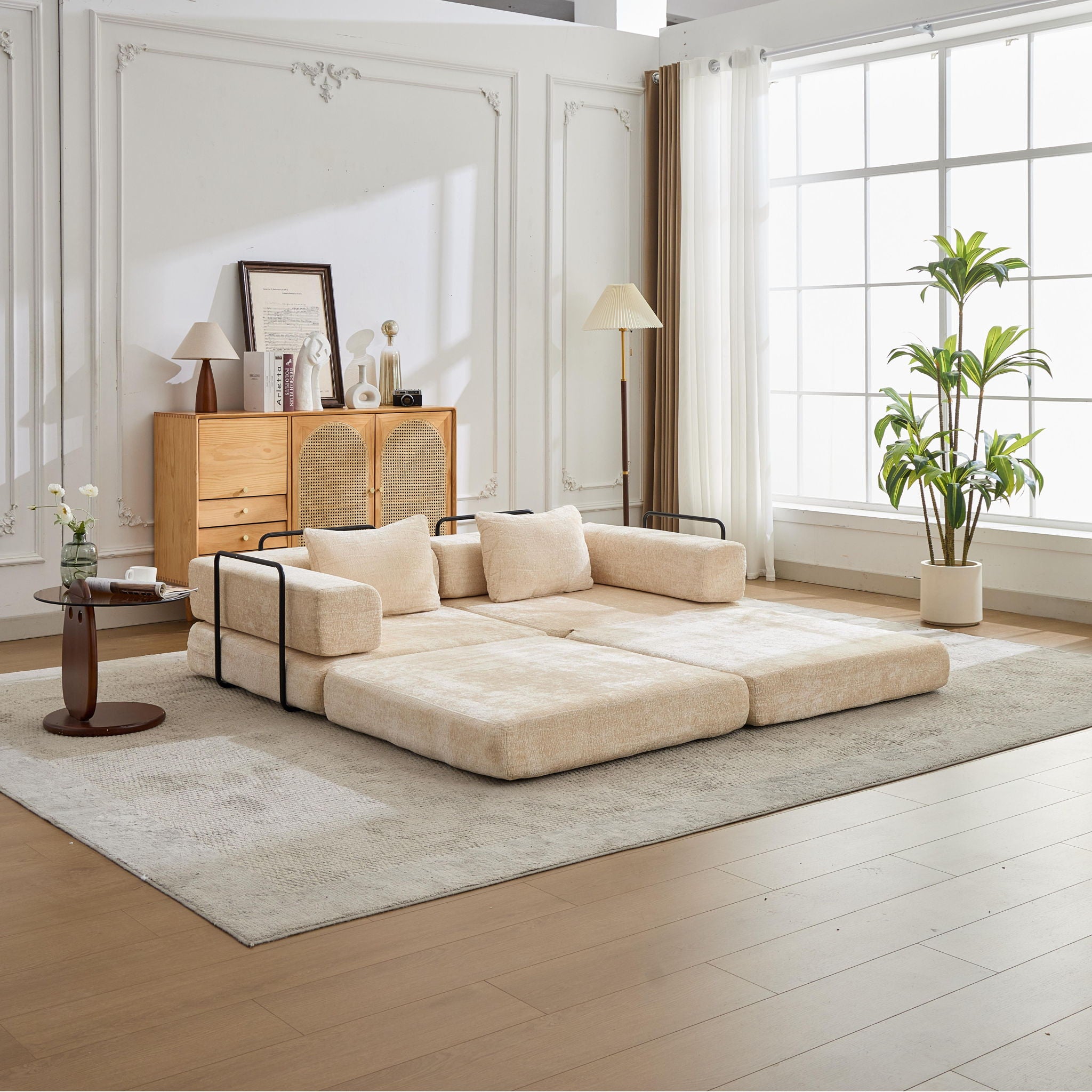 Convertible Floor Sofa Bed With Pillow Back Support Armrest