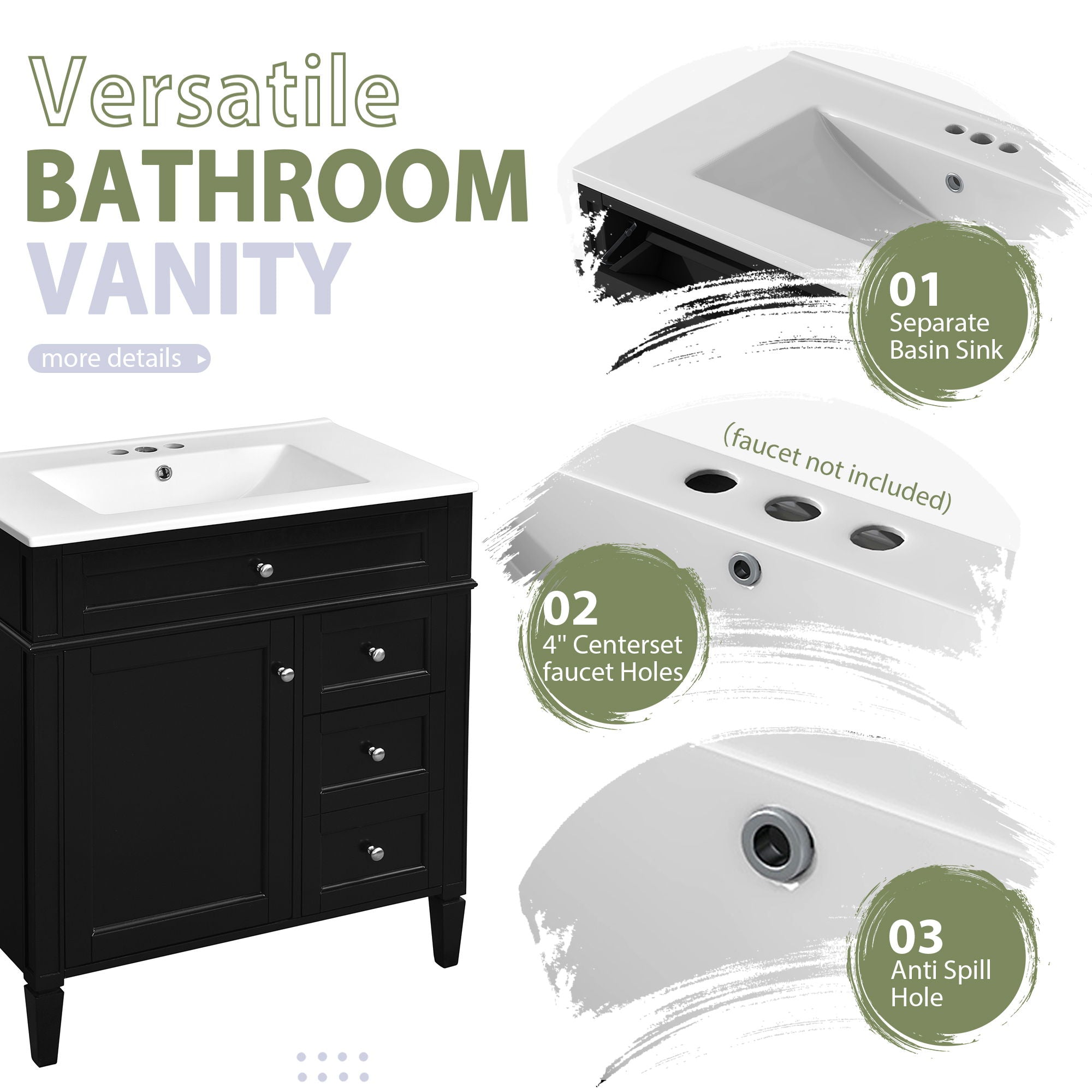 Bathroom Vanity With Top Sink, 2 Doors And 3 Drawers, Freestanding Set With Mirror Cabinet