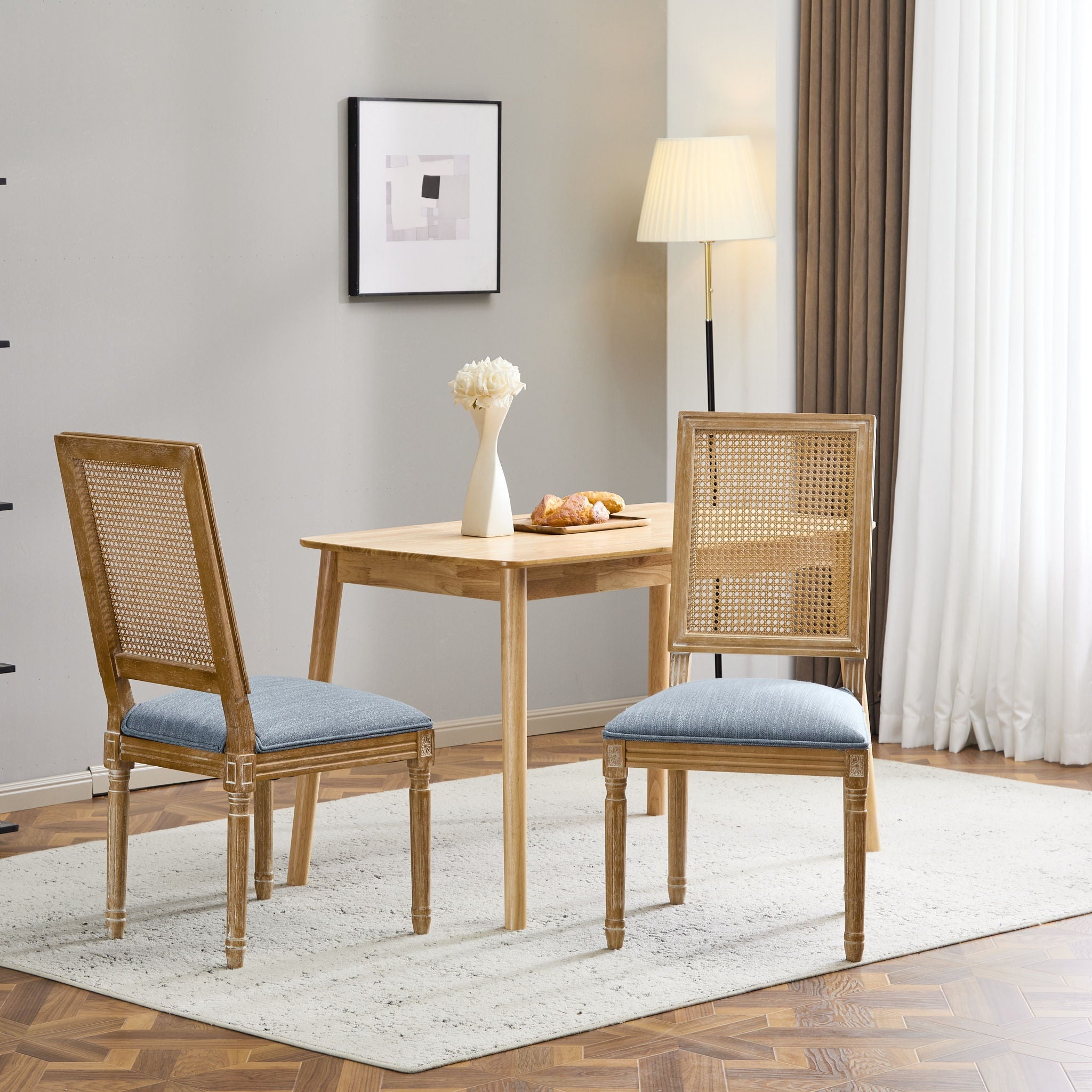 French Country Dining Chair With Rectangular Cane Backrest And Smooth Upholstered Seating