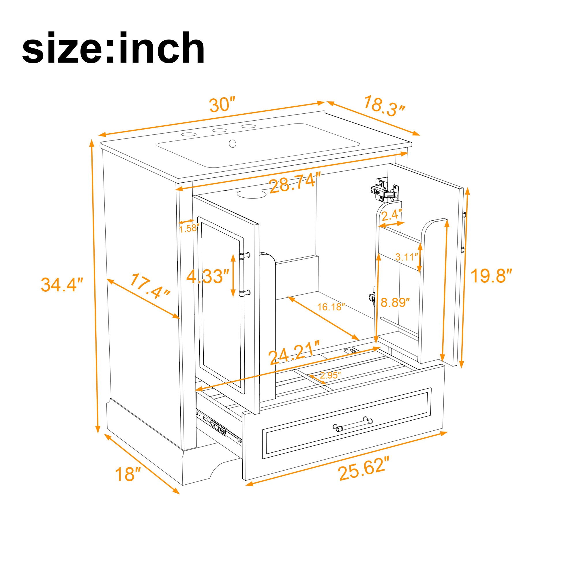 Bathroom Vanity With Sink, 1 Divided Drawer And 2 Soft Close Doors With Double Shelf