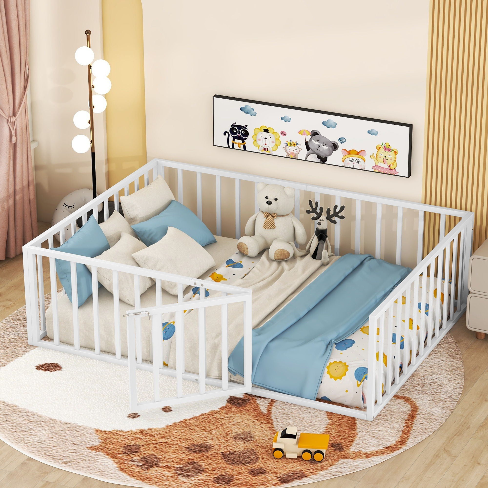 Metal Floor Bed Frame With Fence And Door