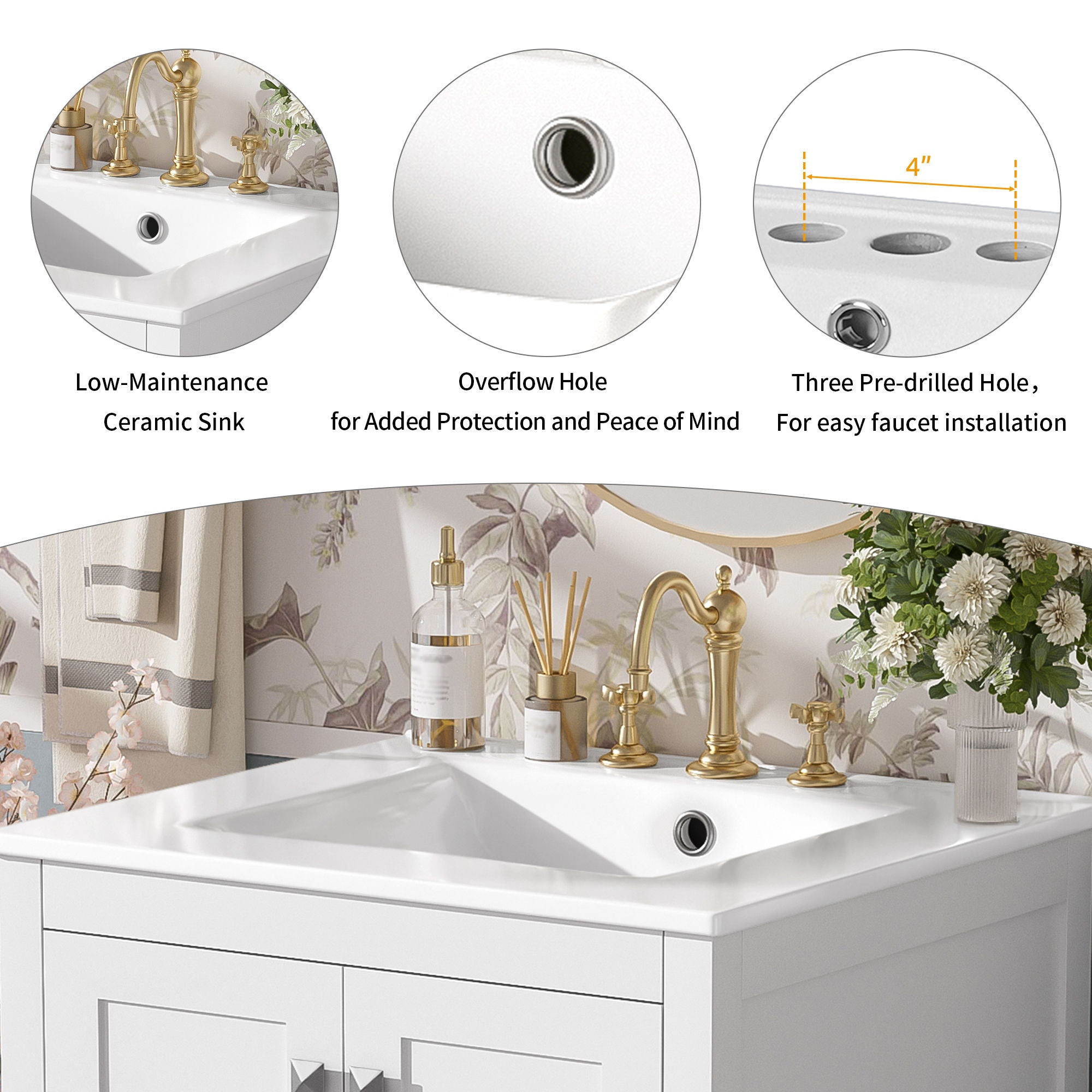 Bathroom Vanity With Integrated Undermount Ceramic Sink, 2 Doors And 1 Drawer, Soft Close Hinges