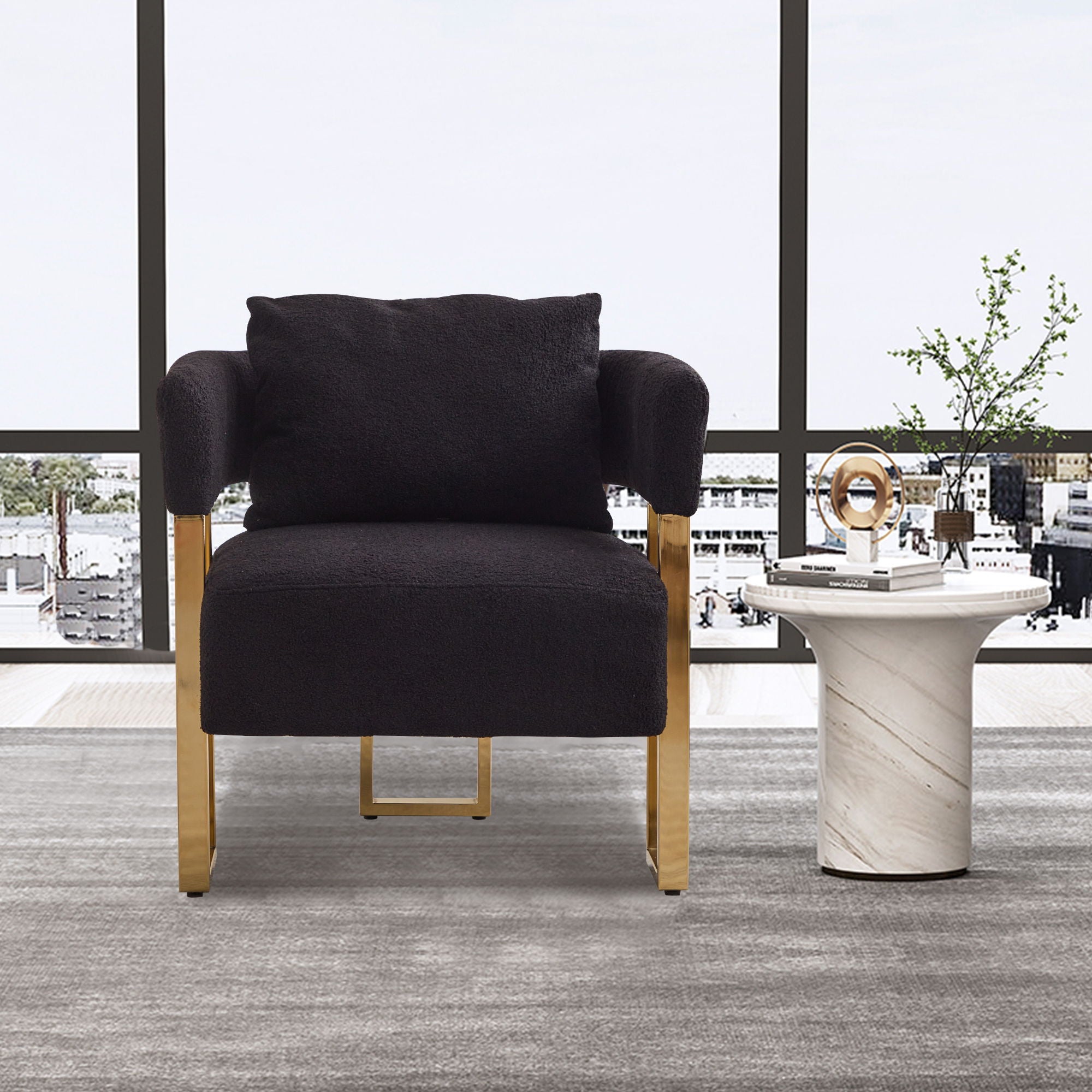 Modern Decorative Chair Teddy Fleece Upholstered And Metal Foot
