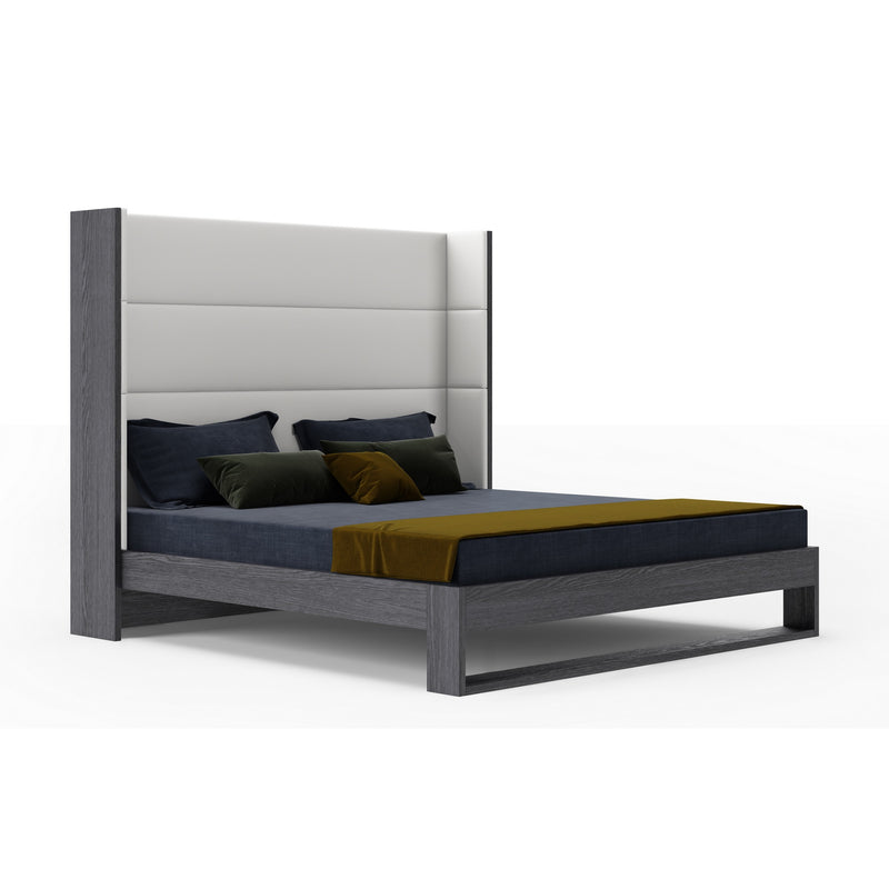 Modrest Heloise - Queen Contemporary White Leather & Grey Elm Trim Bed