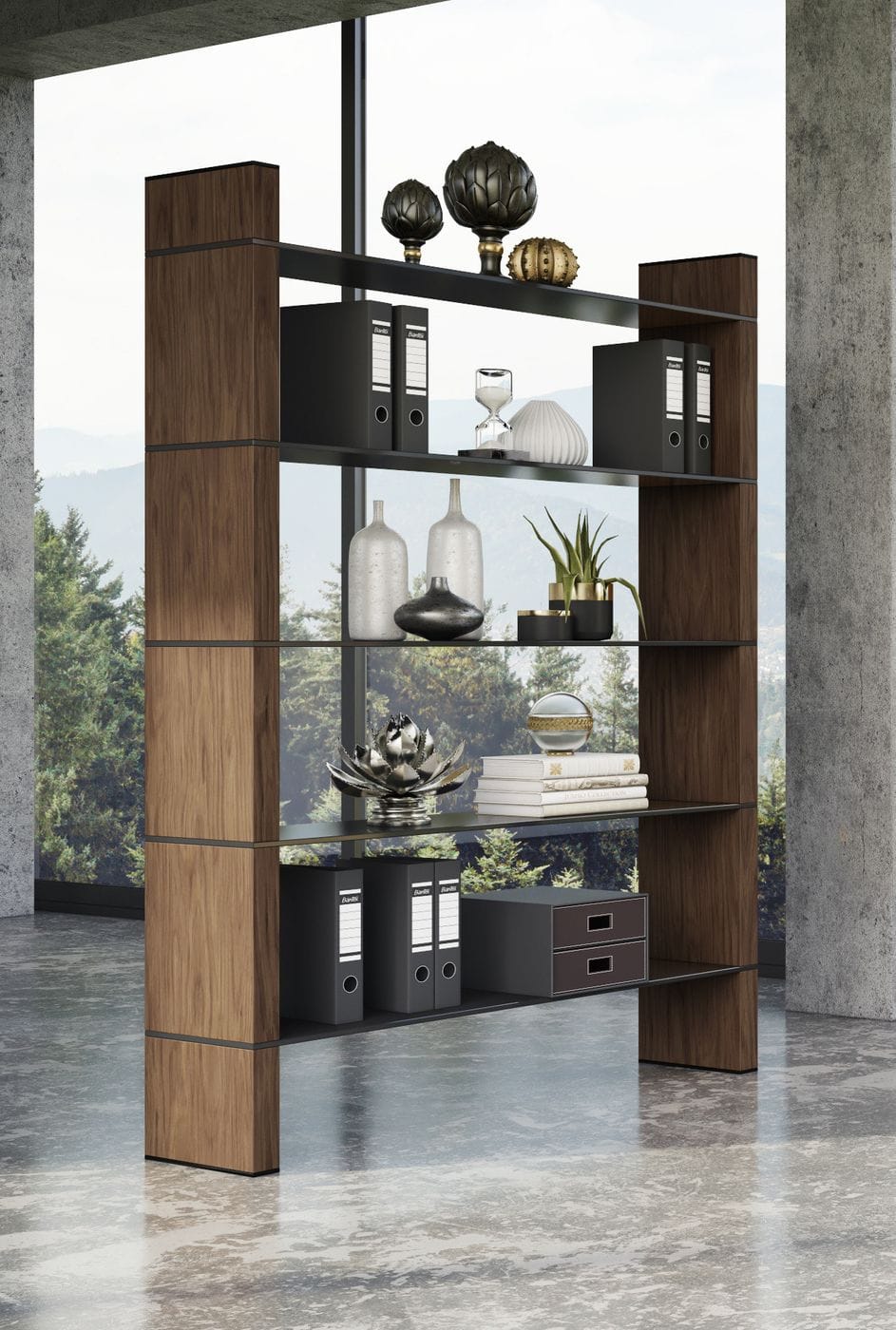 Modrest Glencoe - Modern Walnut & Black Glass Bookshelf
