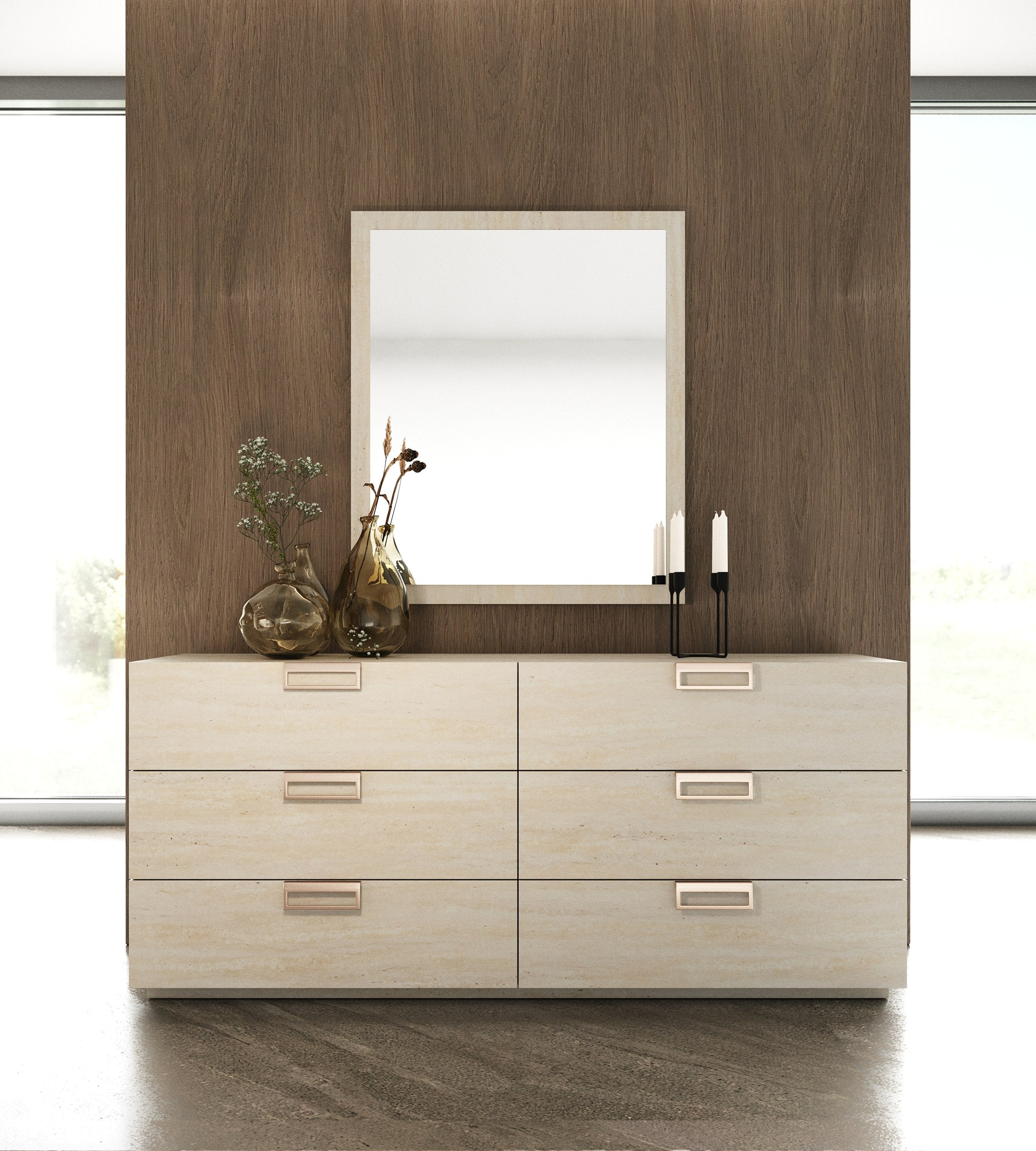 Lamod Roma + Lago - Modern Burnt Orange Velvet + Faux Travertine 4-Piece Bedroom Set