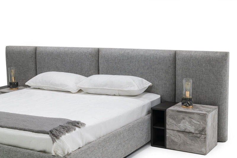 Queen Nova Domus Maranello - Modern Grey Fabric Bed w/ Two Nightstands