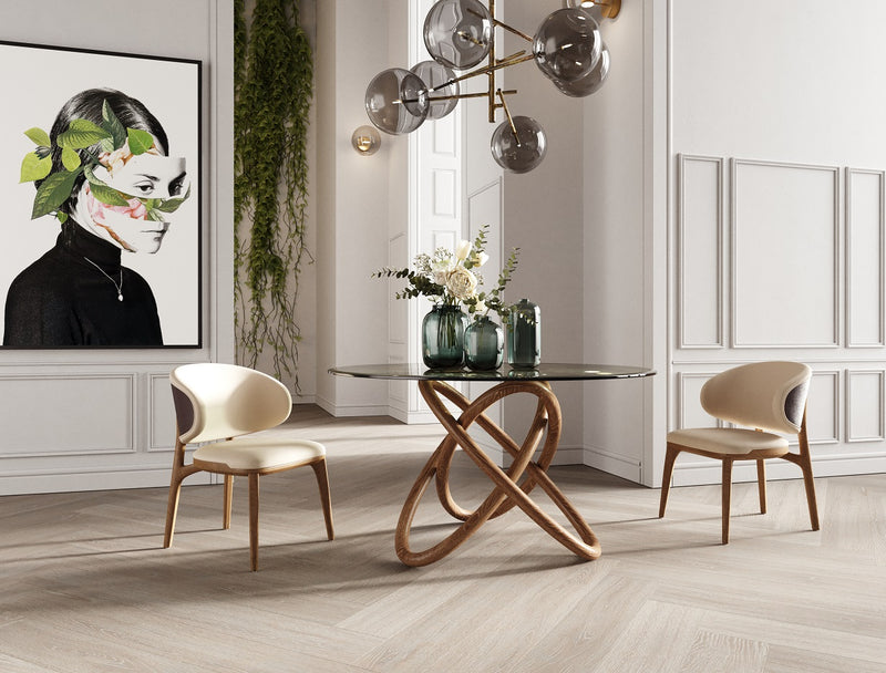 Modrest Mason Modern Round Glass & Walnut Dining Table