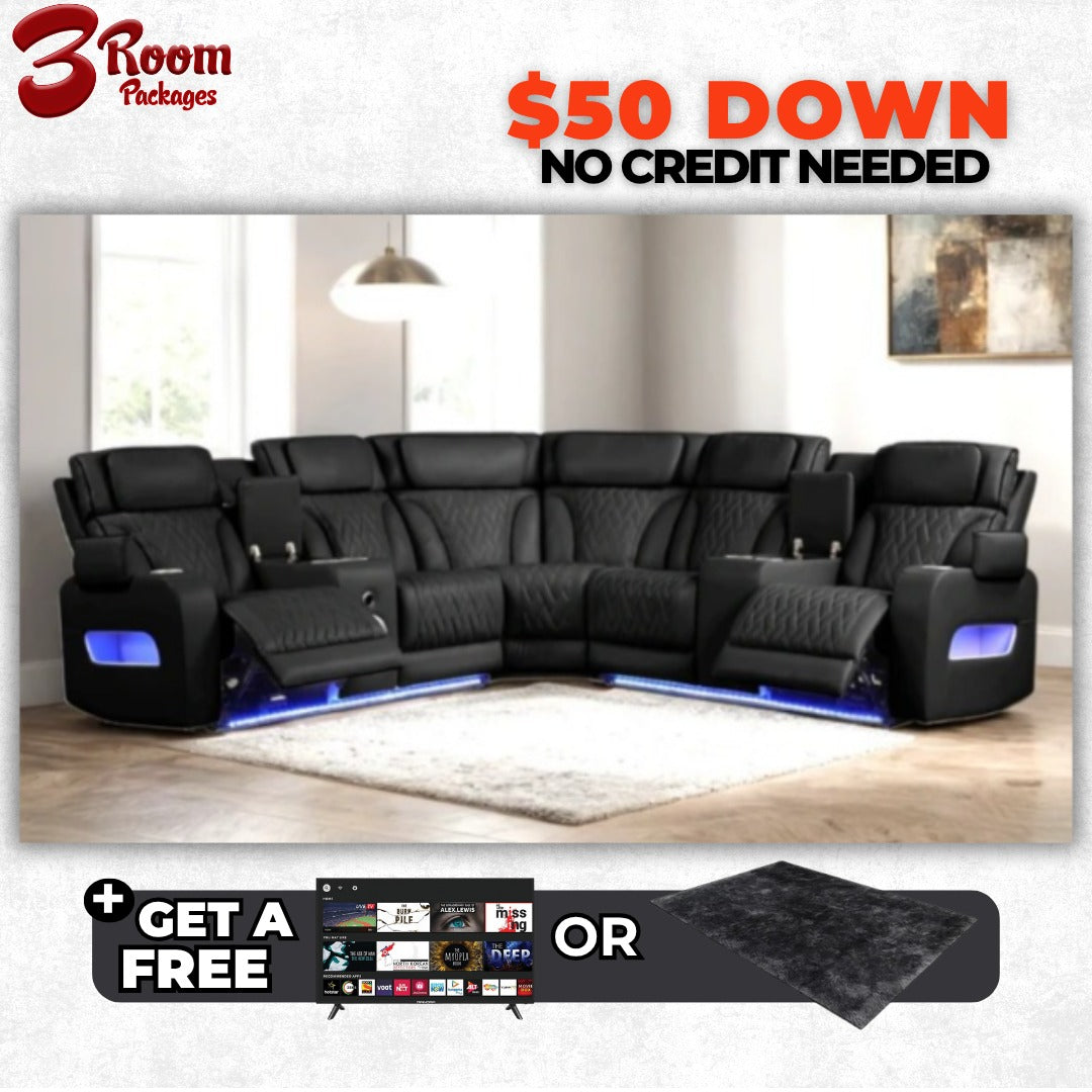 Spain Black Power Reclining Sectional – Includes Free TV or Area Rug