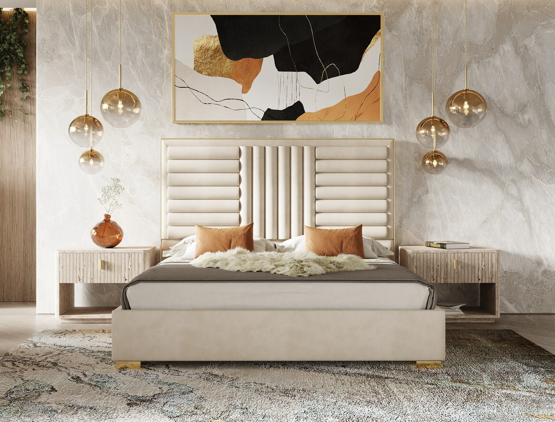 Queen - Nova Domus Daystar + Roma - Modern Beige Velvet + Travertine + Gold Bedroom Set