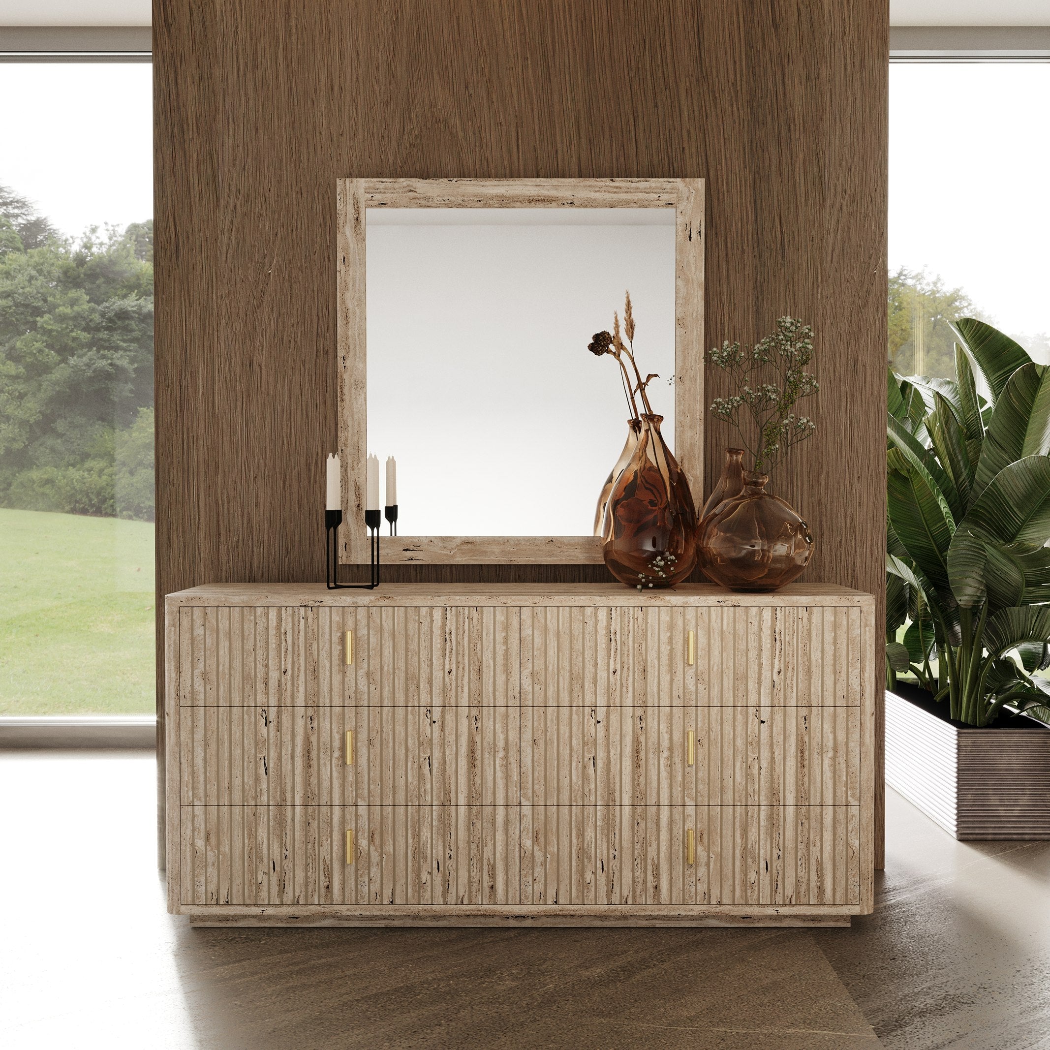 Nova Domus Daystar + Roma - Modern Beige Velvet + Travertine + Gold Bedroom Set