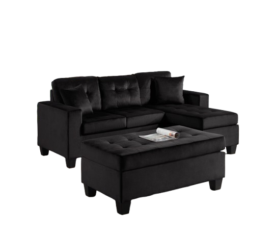 Naomi Black Velvet - Reversible Sectional & Ottoman Set