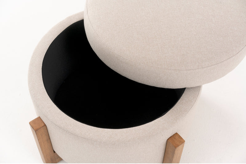 Modrest Sada - Mid-Century Modern Beige Linen + Chestnut Round Ottoman